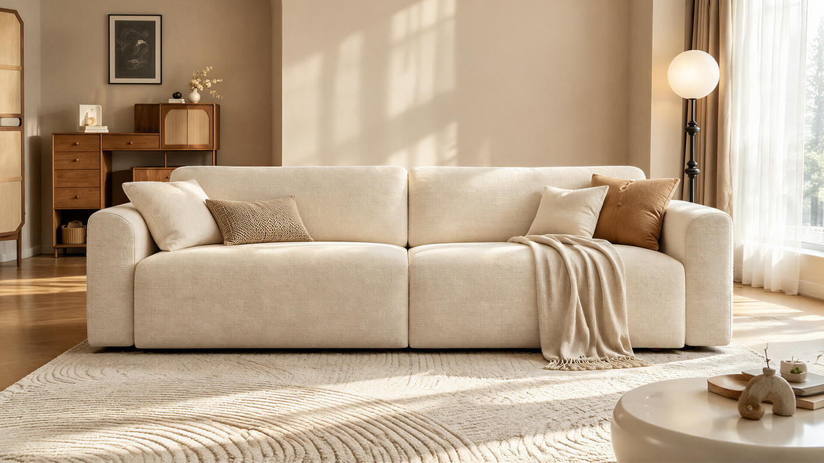Cream loveseat modular sofa in a bright small living room with a round coffee table and floor lamp