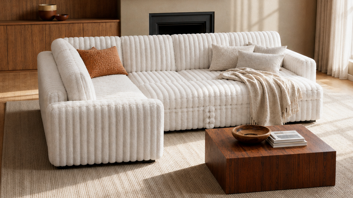 Cream corduroy pull out sofa bed in a bright living room with a wood coffee table and fireplace