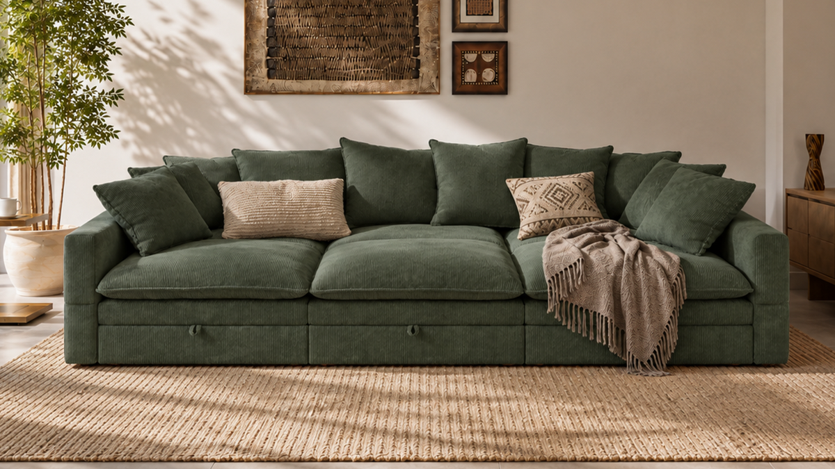 Green wide-rib corduroy modular sectional sofa with throw pillows and blanket in a sunlit living room