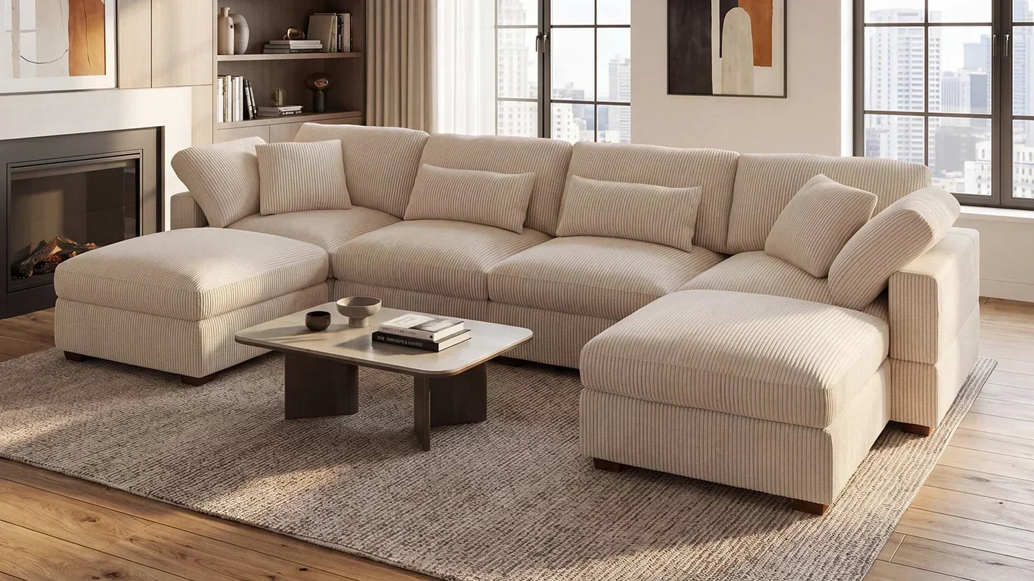 Beige modular sectional sofa with ottomans in a bright living room, showing the cloud couch alternative style.