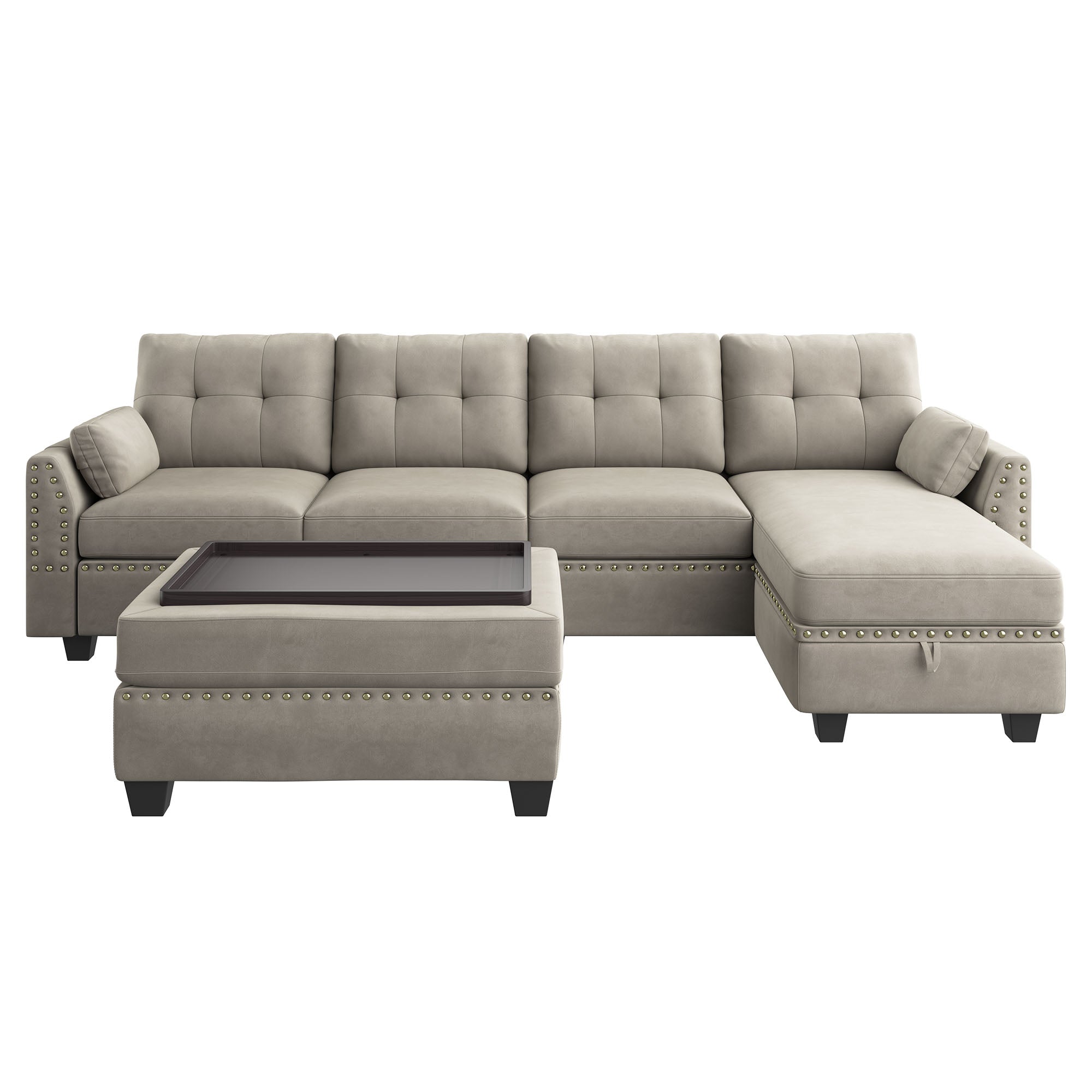 HONBAY Velvet 4-Seat L-Shaped Sectional Sofa with Table Ottoman Set