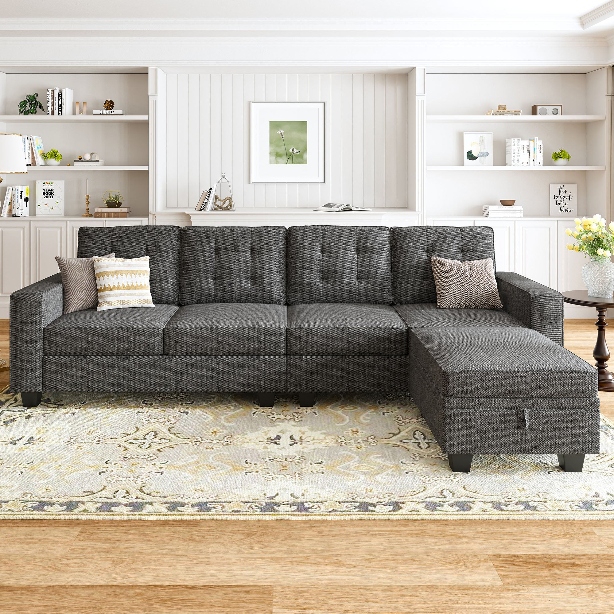HONBAY 5-Piece Linen Convertible Sectional With Storage Ottoman