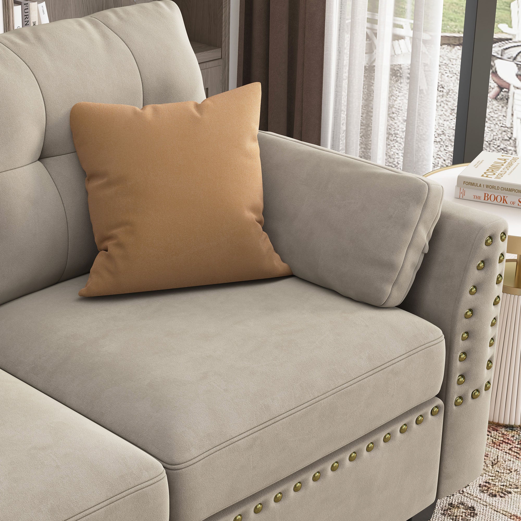 HONBAY Velvet 4-Seat L-Shaped Sectional Sofa with Table Ottoman Set
