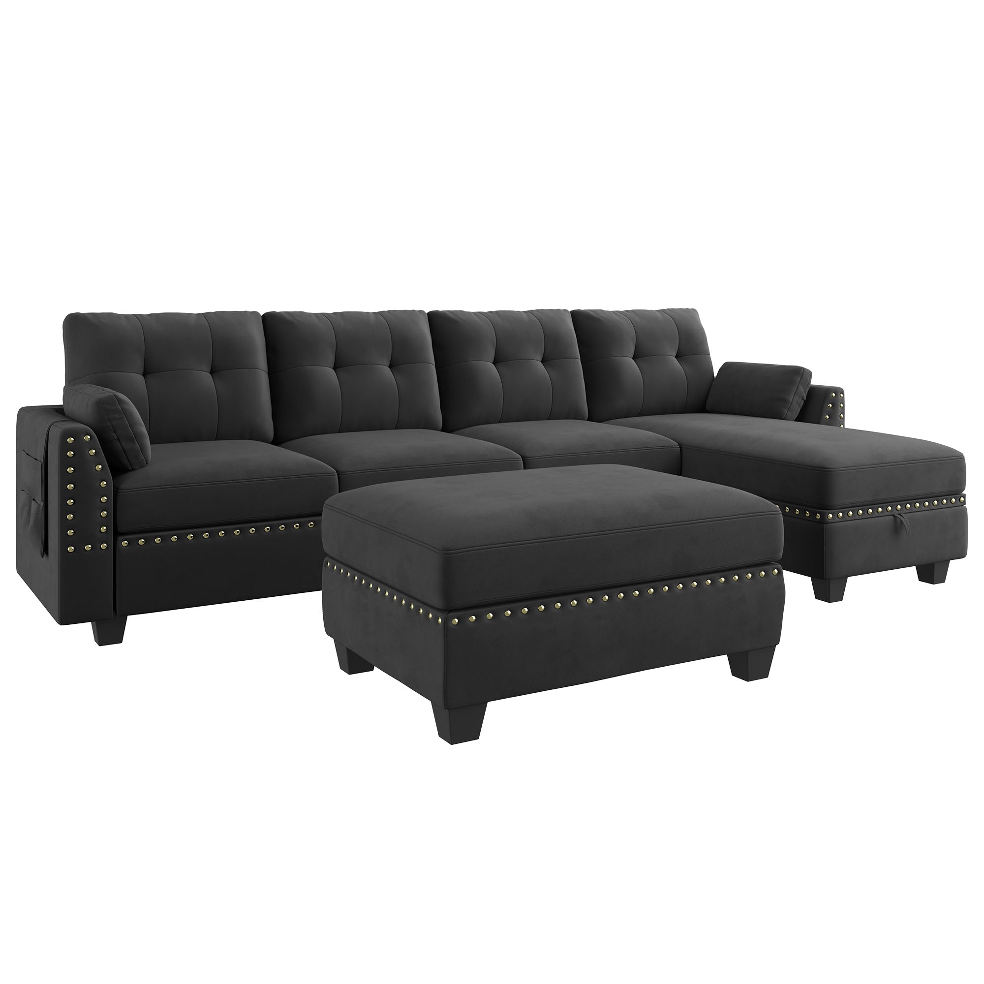 HONBAY Velvet 4-Seat L-Shaped Sectional Sofa with Storage Ottoman Set