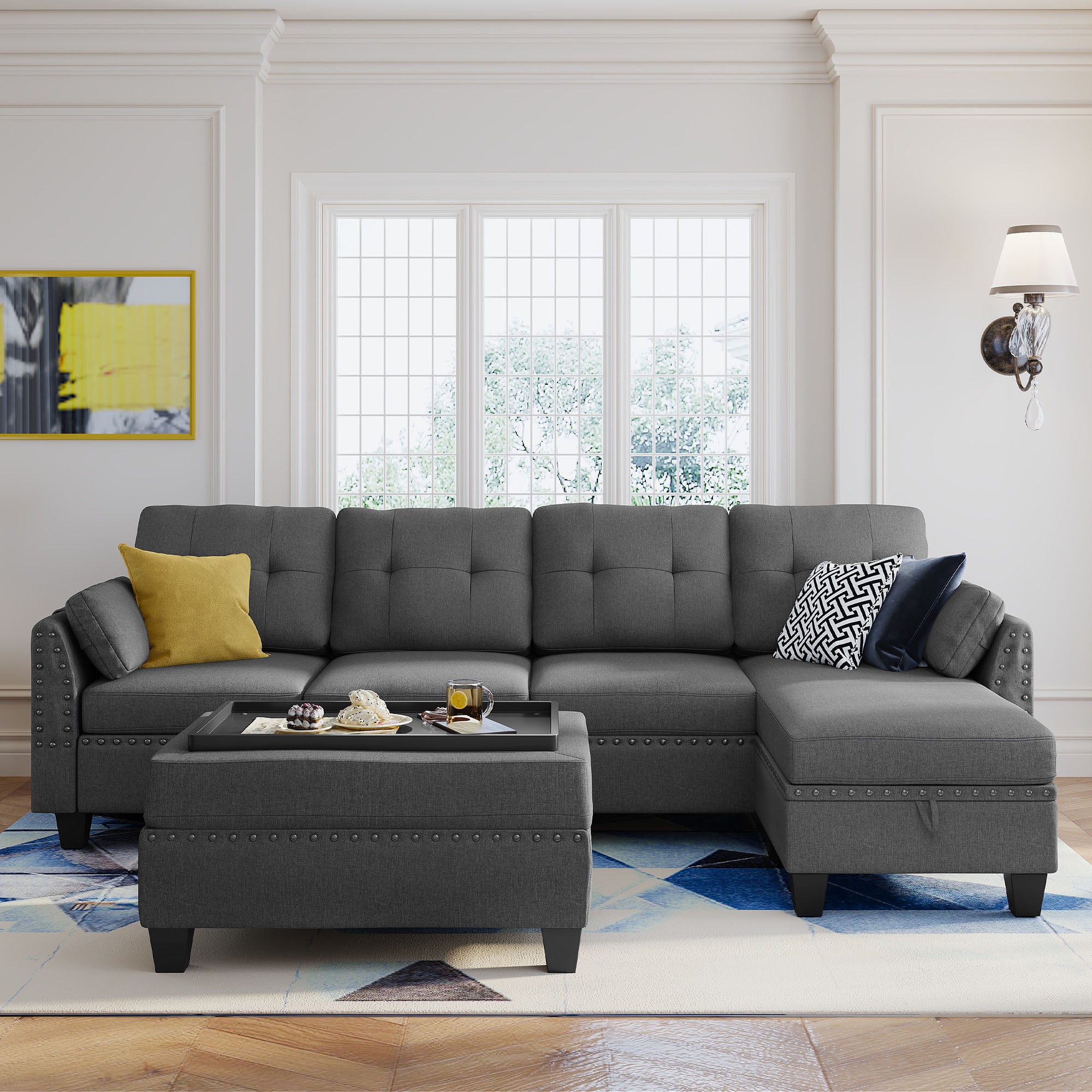 HONBAY 5-Piece Polyester Convertible Sectional With Storage Ottoman