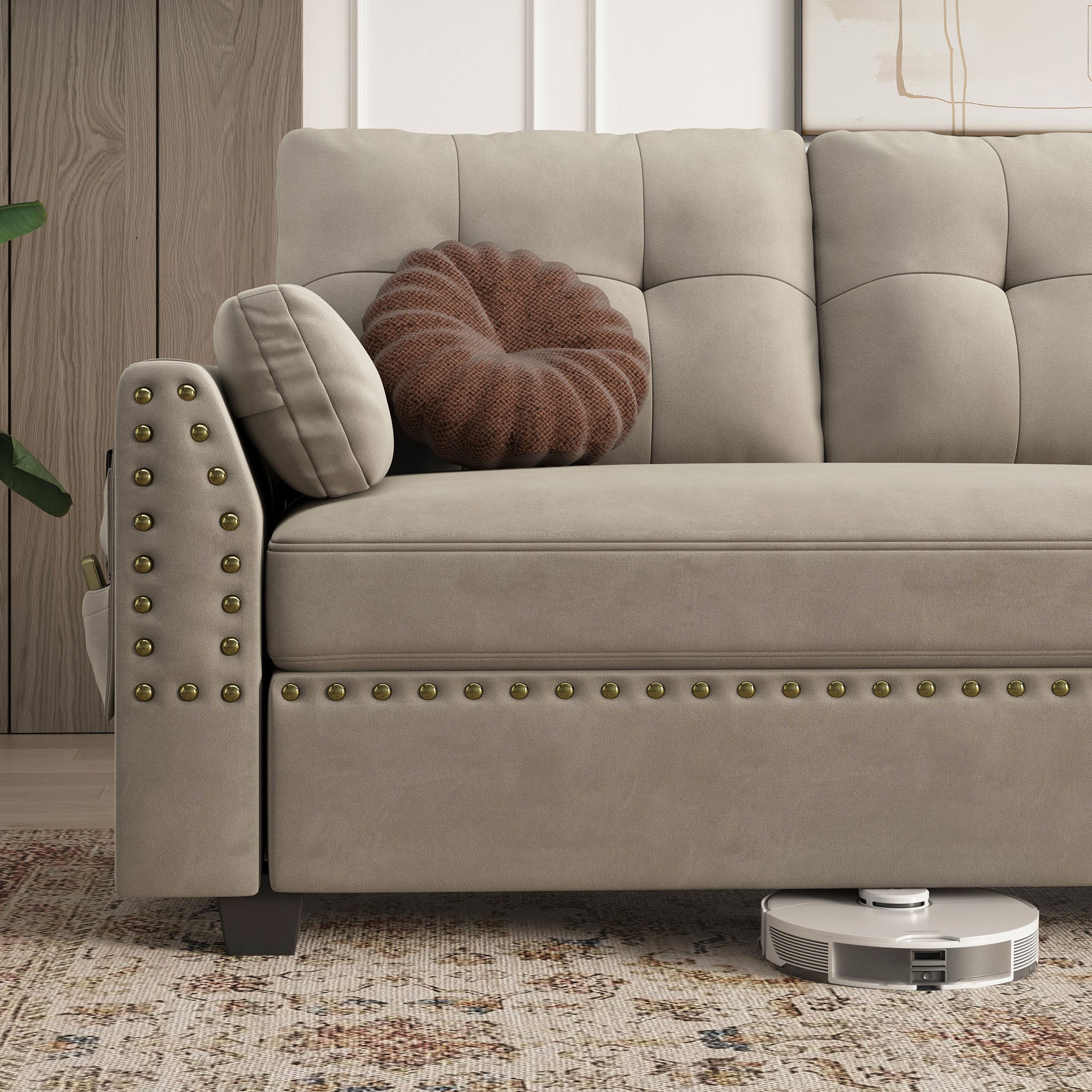 HONBAY Velvet 4-Seat L-Shaped Sectional Sofa with Table Ottoman Set