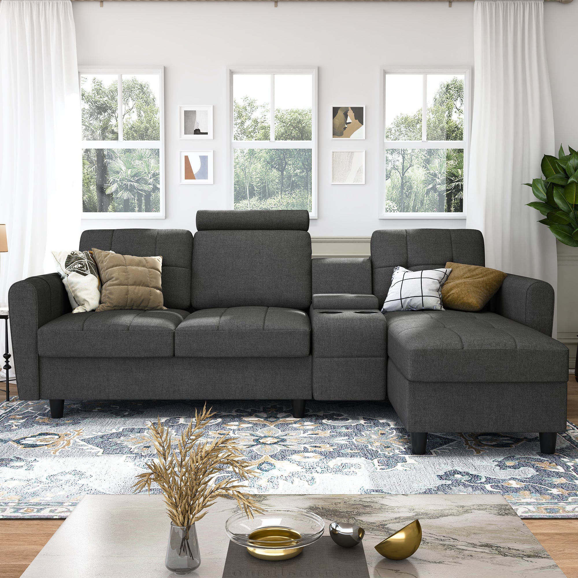 HONBAY Dark Grey Fabric Premium Multifunctional Sectional Sofa with Convertible ChaiseSectional