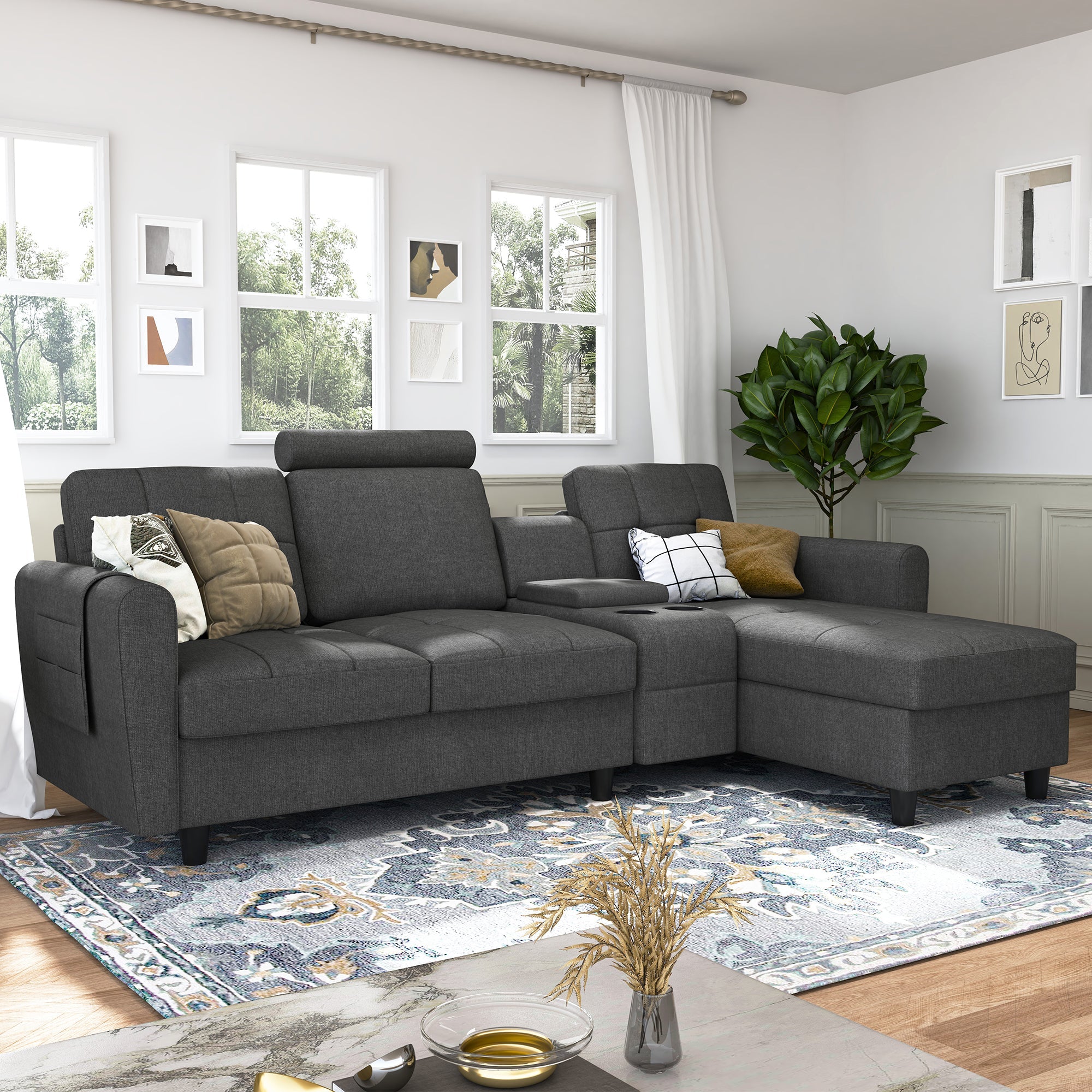 HONBAY Multifunctional L-Shaped Sectional Sofa with Storage Console & Reversible Chaise