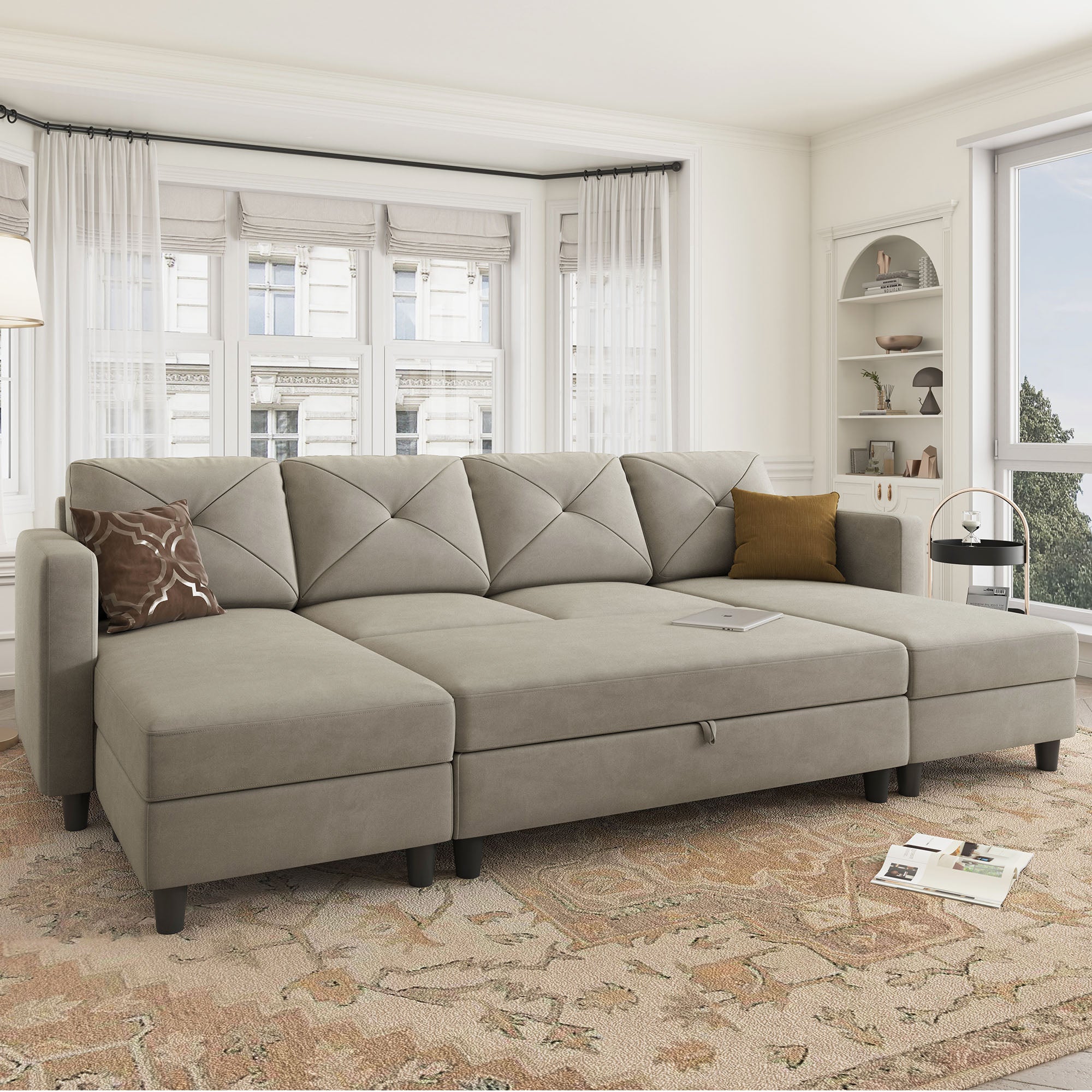 Velvet Convertible Sleeper Sectional With Storage Ottoman on a beautiful living room