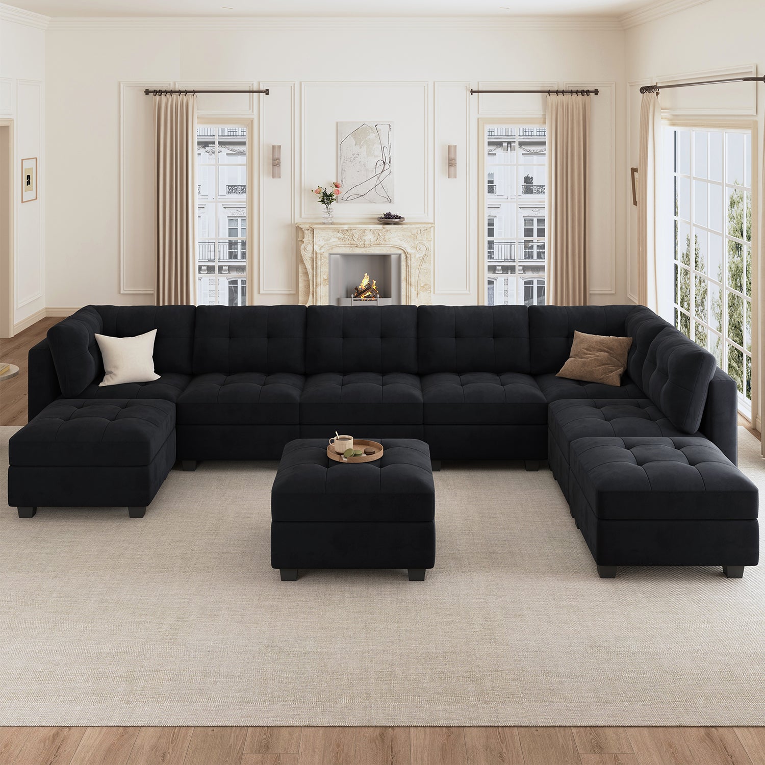 HONBAY 9-Piece Velvet Modular Sectional With Storage Seat #Color_Black