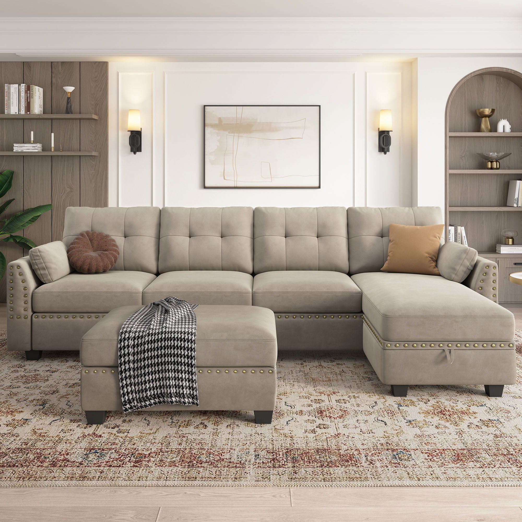 HONBAY Velvet 4-Seat L-Shaped Sectional Sofa with Storage Ottoman Set