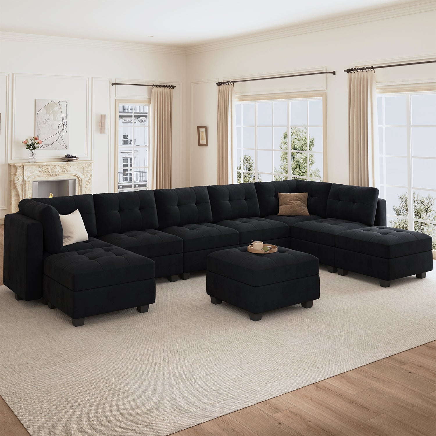 HONBAY 9-Piece Velvet Modular Sectional With Storage Seat #Color_Black
