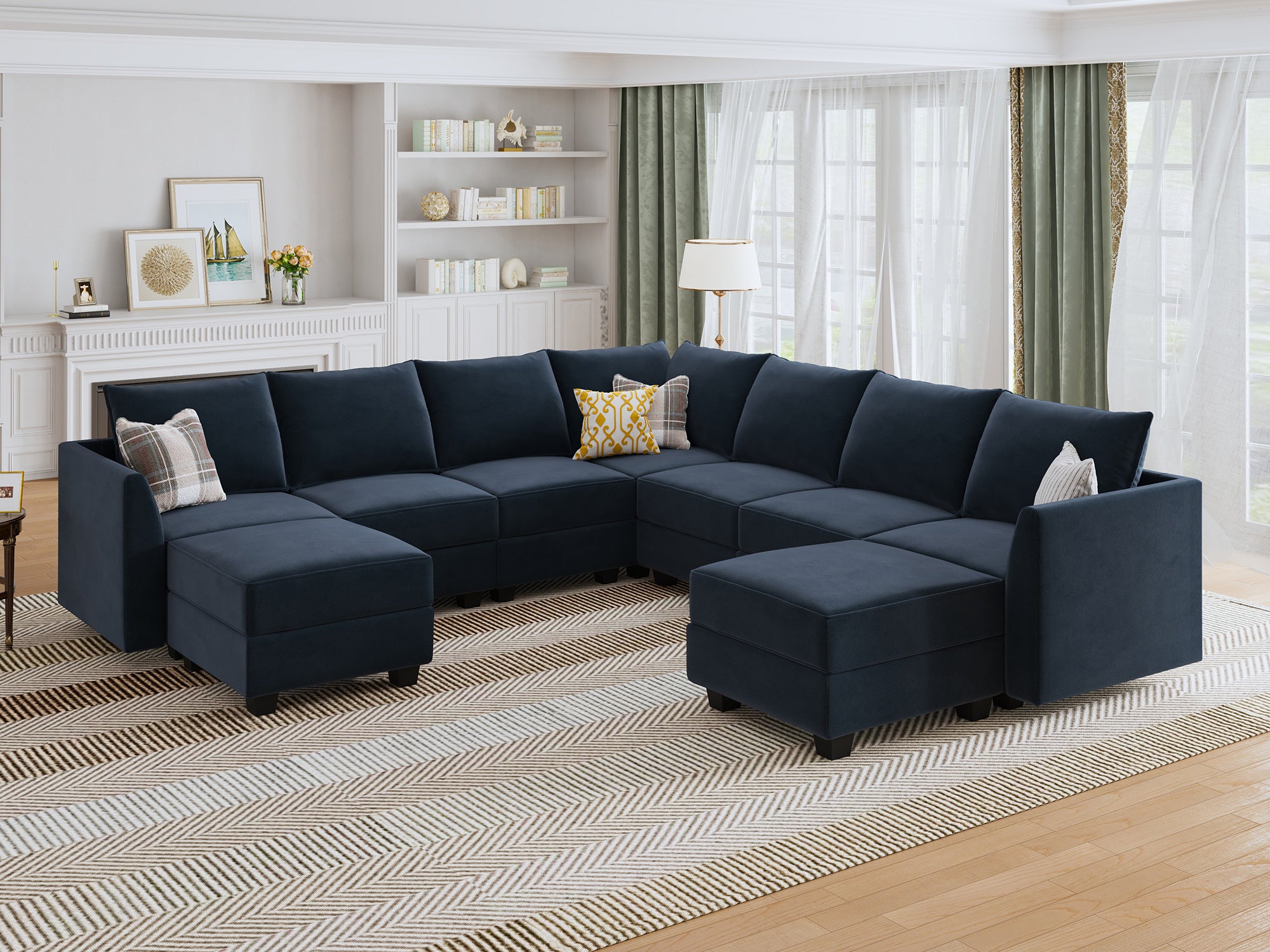 HONBAY Velvet 7-Seat Modular Sofa Corner Sectional Couch With Storage Seat #Color_Dark Blue