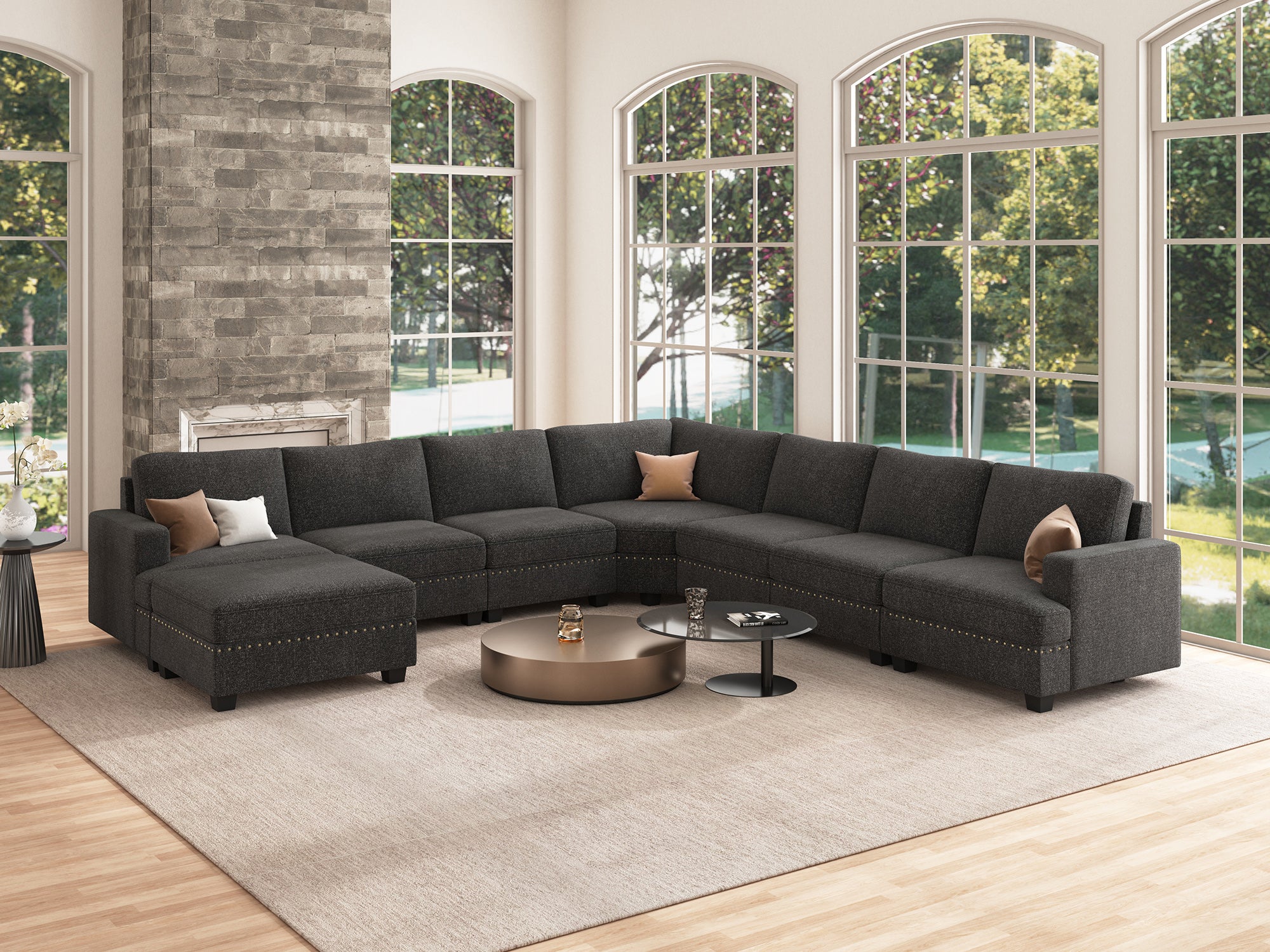 HONBAY 7-Seat Corner Modular Sofa Oversized Sectional Sofa Couch with Storage Ottoman #Color_Dark Grey