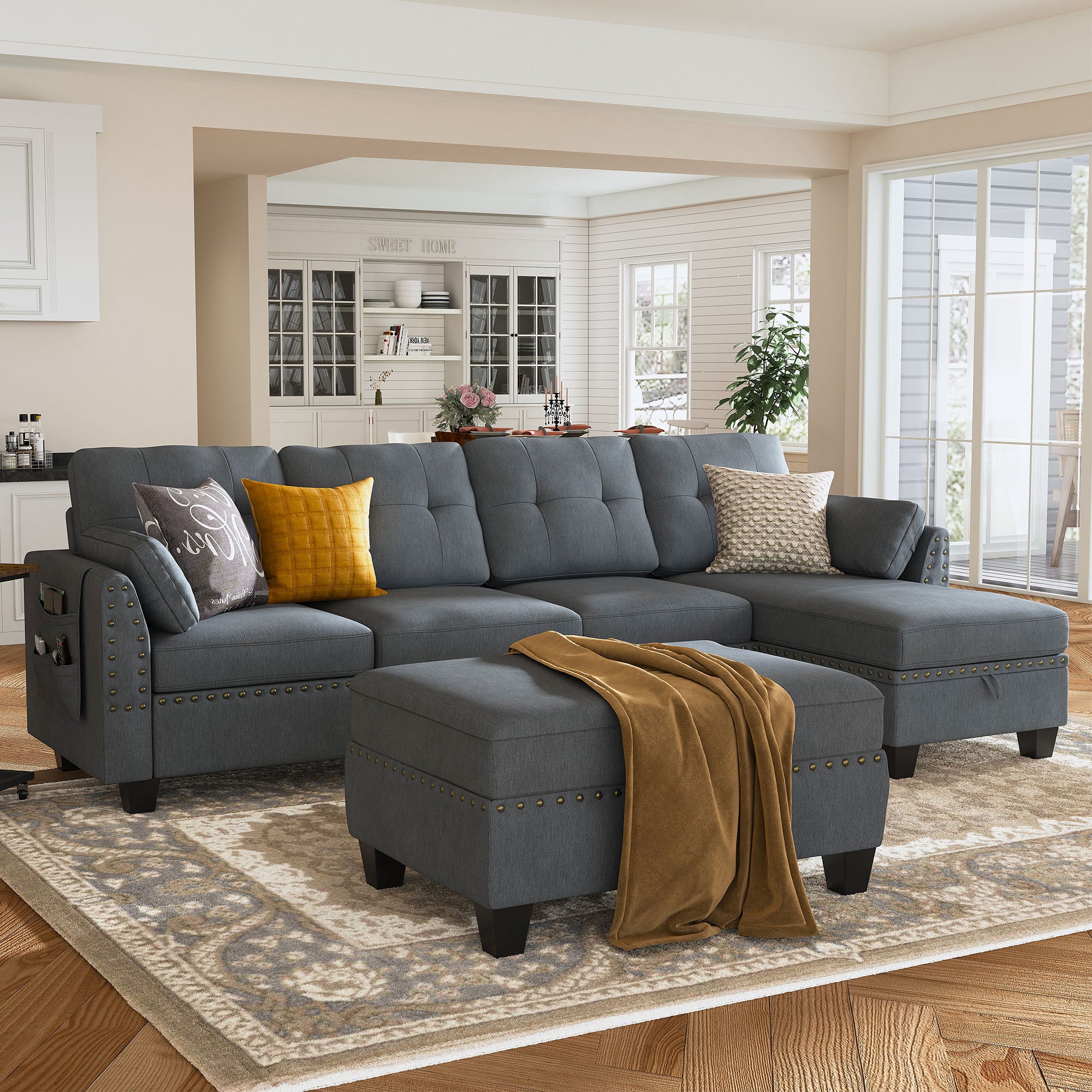 HONBAY 5-Piece Polyester Convertible Sectional With Storage Ottoman
