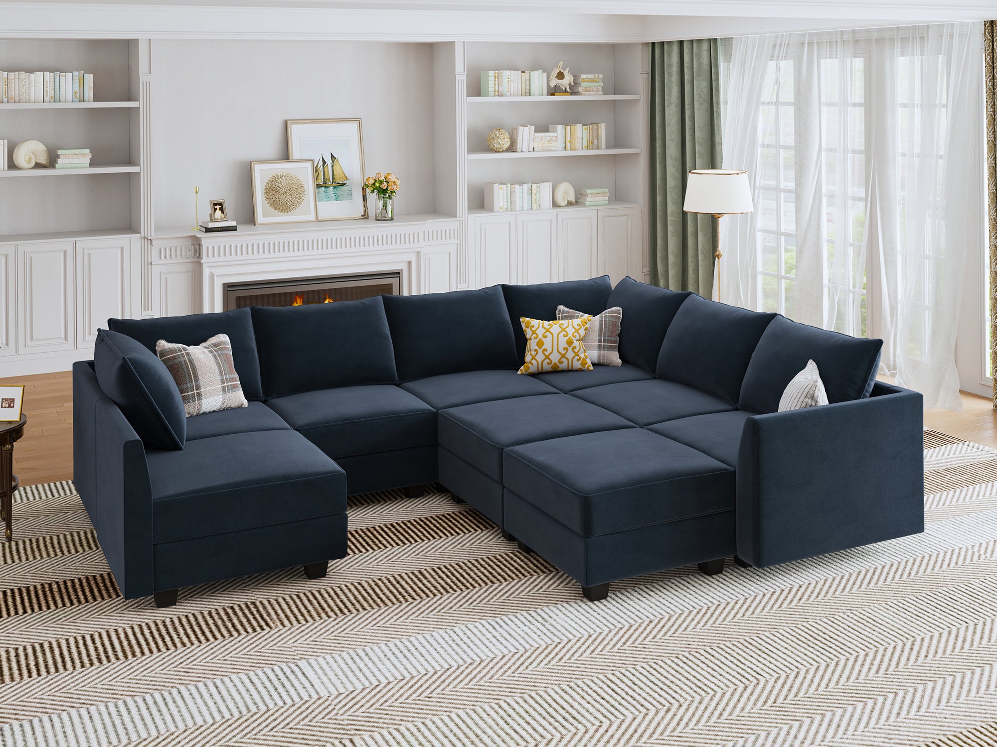 HONBAY Velvet 7-Seat Modular Sofa Corner Sectional Couch With Storage Seat #Color_Dark Blue