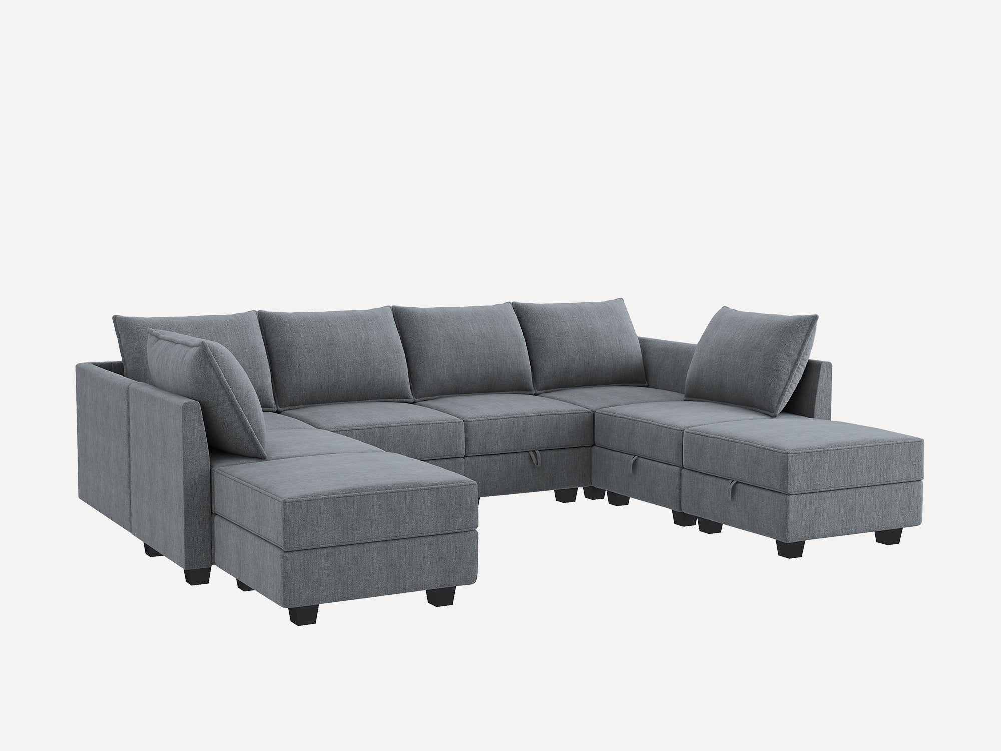 HONBAY Polyester 112.6'' Wide 6-Seater Modular Sectional Sofa Bed Couch with Storage Ottoman#Color_Bluish Grey