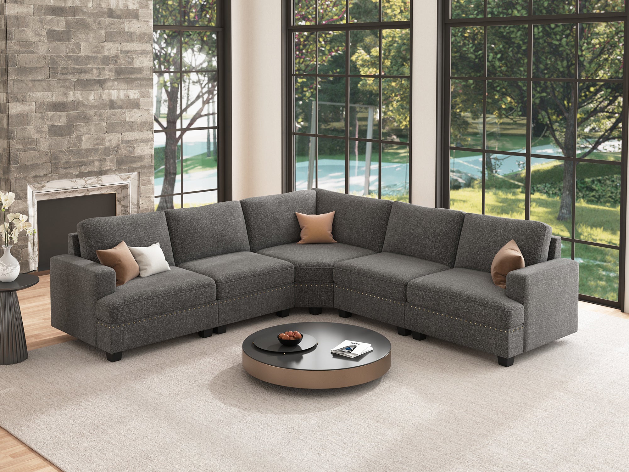 HONBAY 5-Seat Corner Modular Sofa  Oversized Convertible Sectional Sofa Couch for Living Room #Color_Light Grey