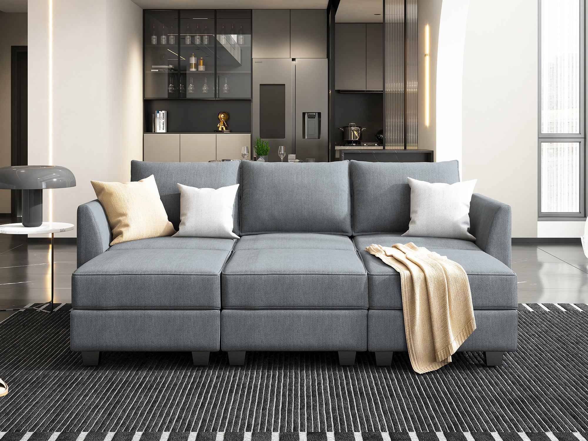 HONBAY 3-Seat Modular Sofa with Storage & Convertible Sofa Bed #Color_Bluish Grey