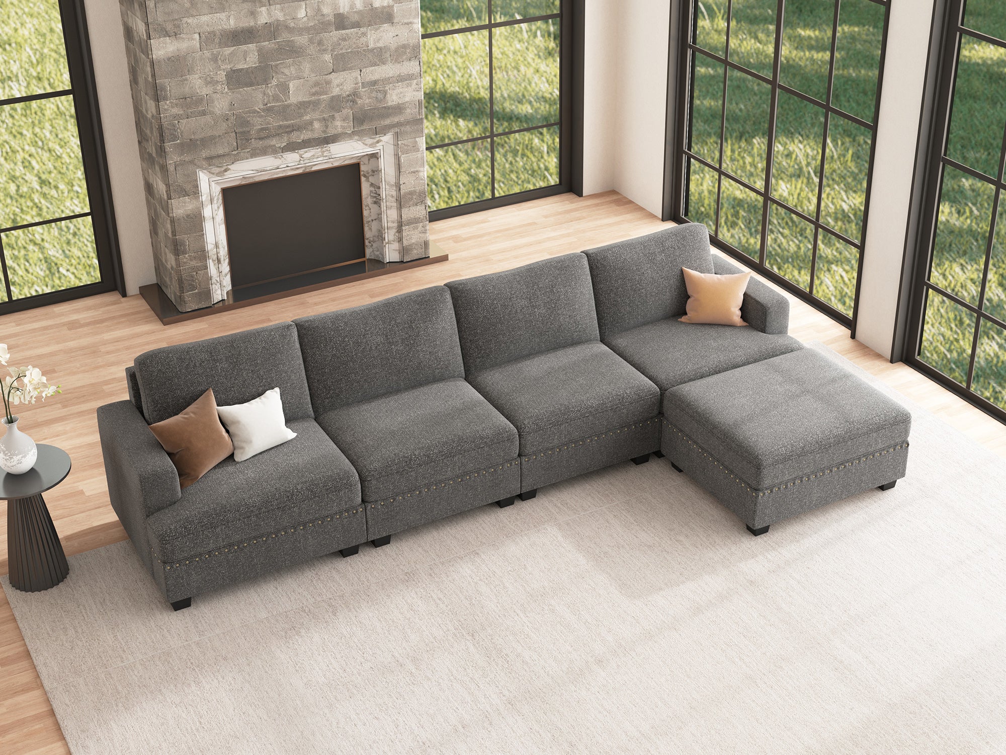 NOLANY 4-Seat L Shaped Corner Modular Sofa Storage Sectional Couch with Storage Reversible Ottoman #Color_Light Grey