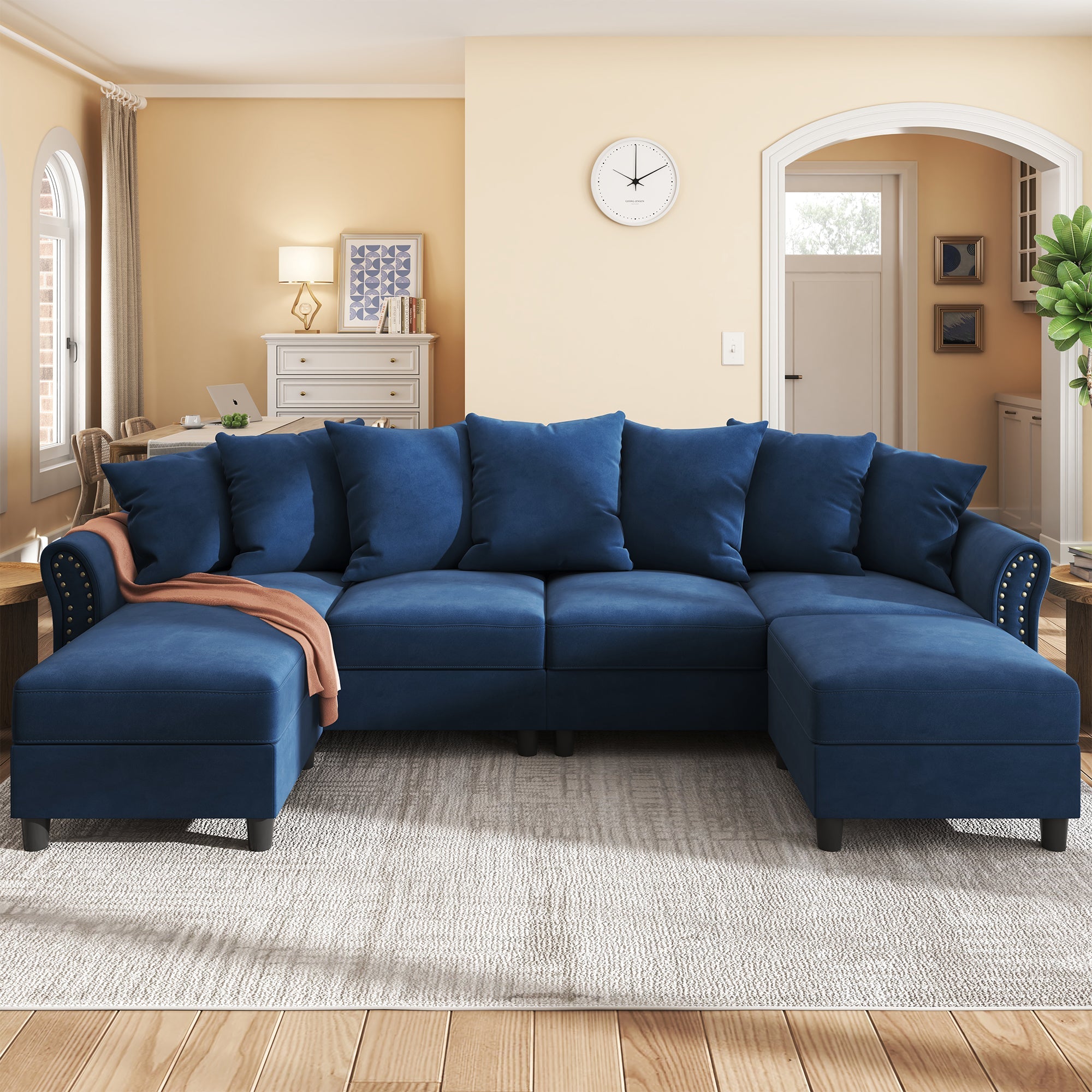 HONBAY Velvet 4-Seat Sofa U-Shaped Cushion Pillows Sectional Couch
