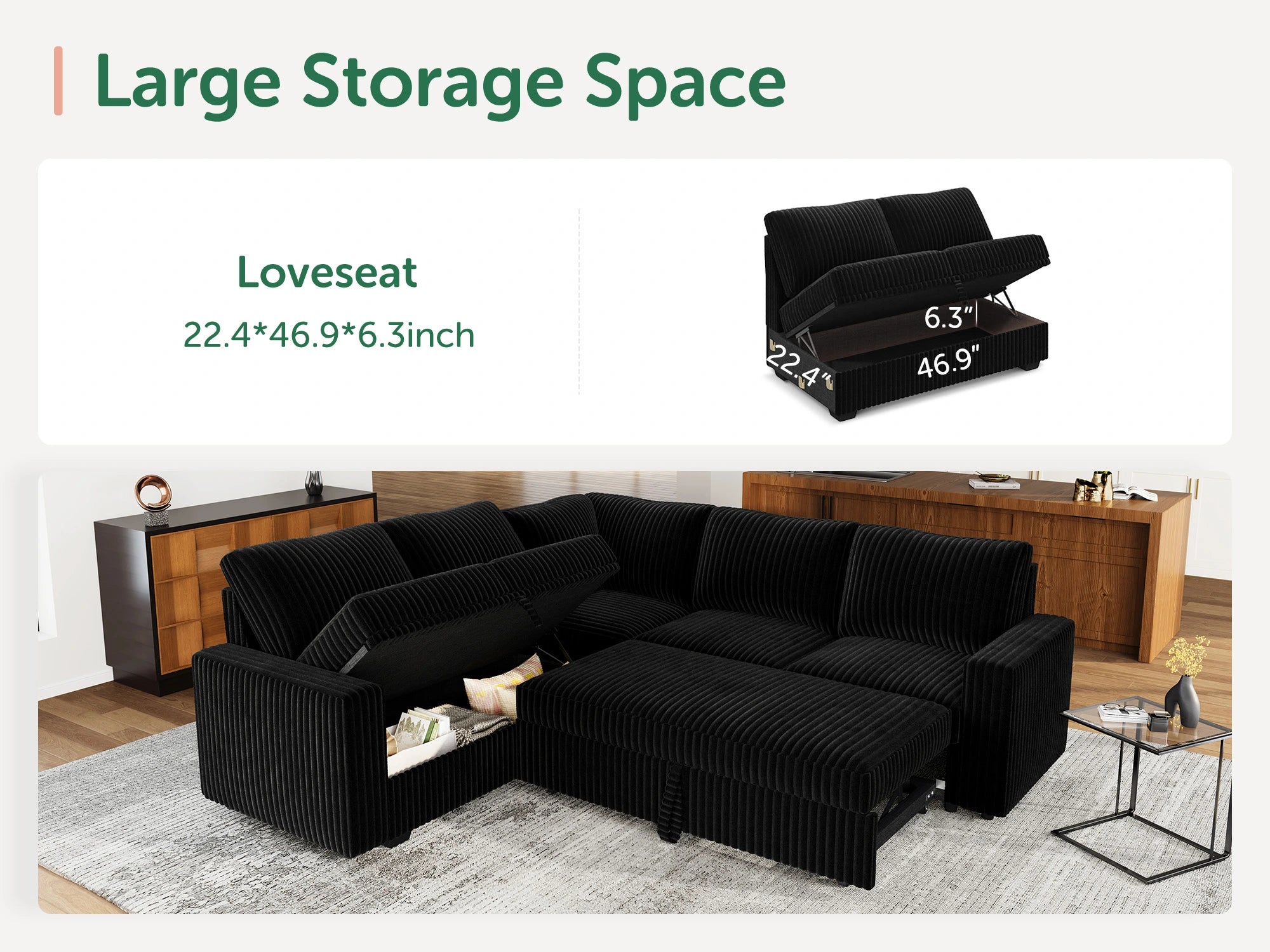 5-Piece Corduroy U-Shaped Sleeper Sectional
#Color_Wide Corduroy Black
