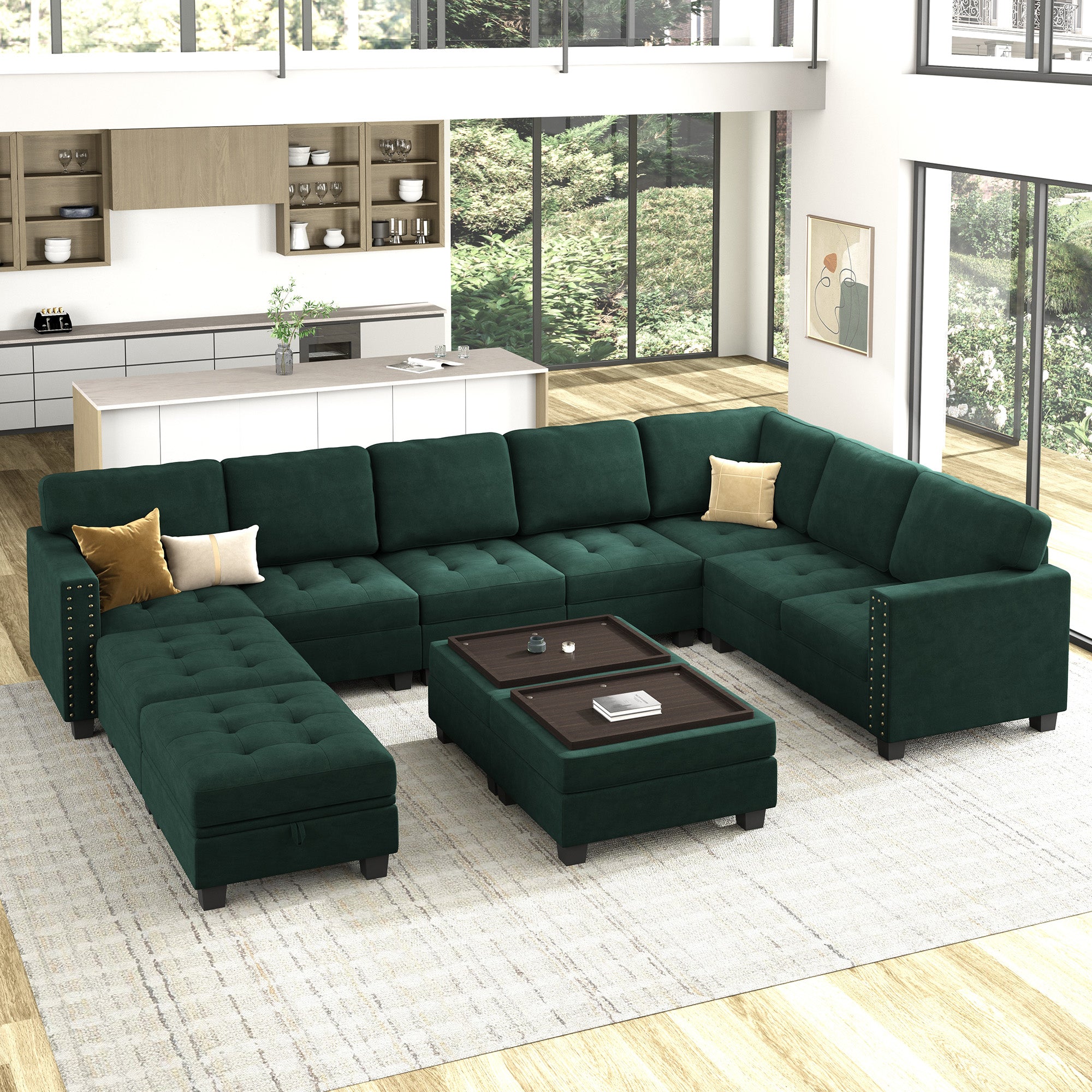 HONBAY Wraparound Modular Sofa 11-Seat With 2-Tray Space+1-Left Arm+1-Right Arm #Color_Green