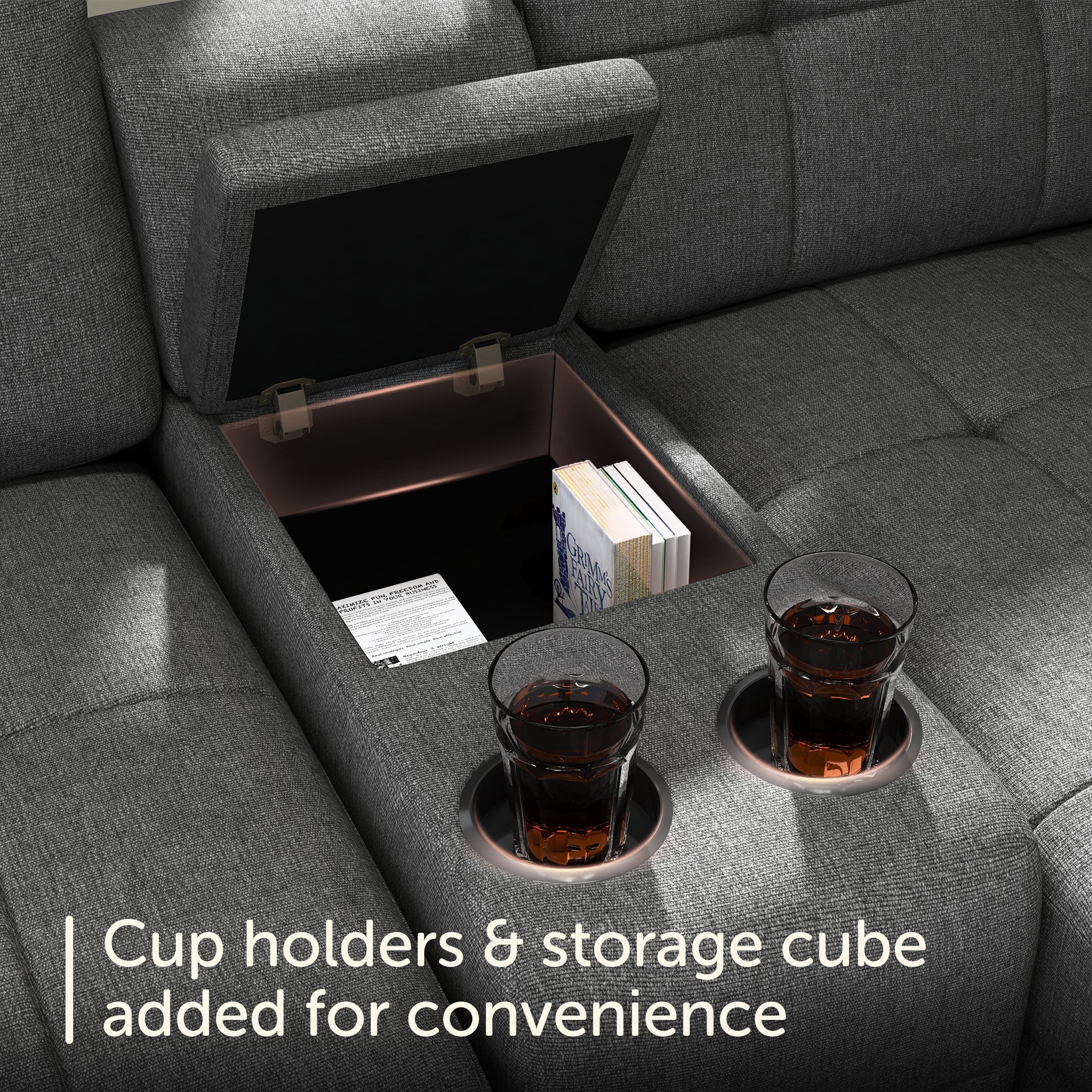 Storage Cube and Cup Holders of HONBAY Polyester L-Shaped Sectional Sofa