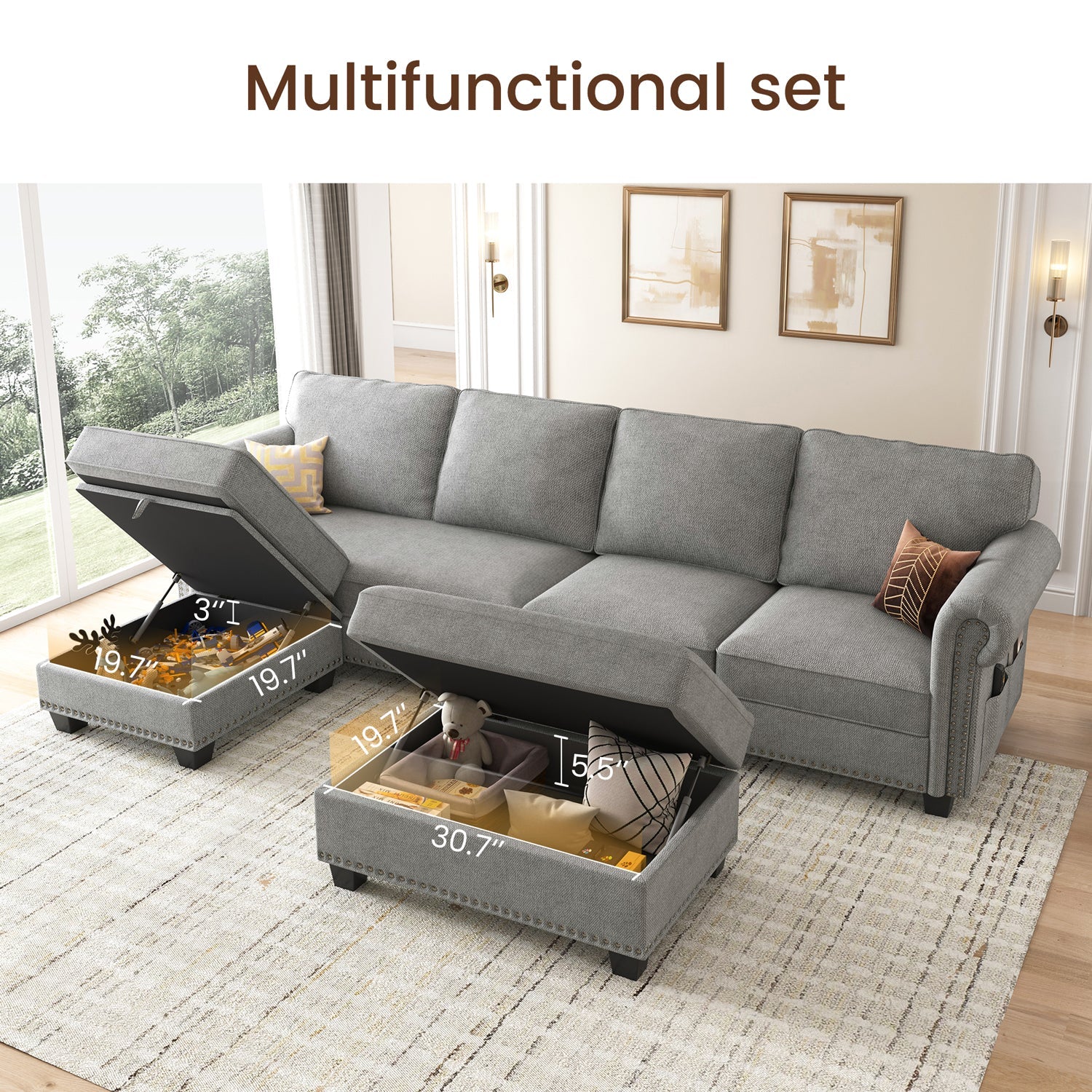 NOLANY Convertible Sectional Sofa 4-Seat with Reversible Chaise L Shaped Couch with Storage Ottoman for Living Room Furniture