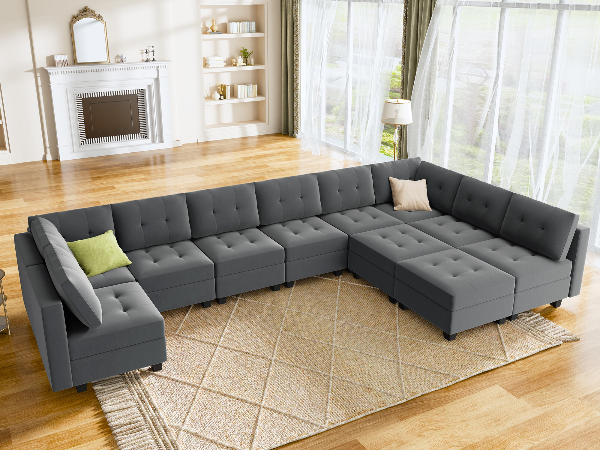 HONBAY Velvet Tufted 11-Seat Modular Storage Sofa with Storage Ottoman