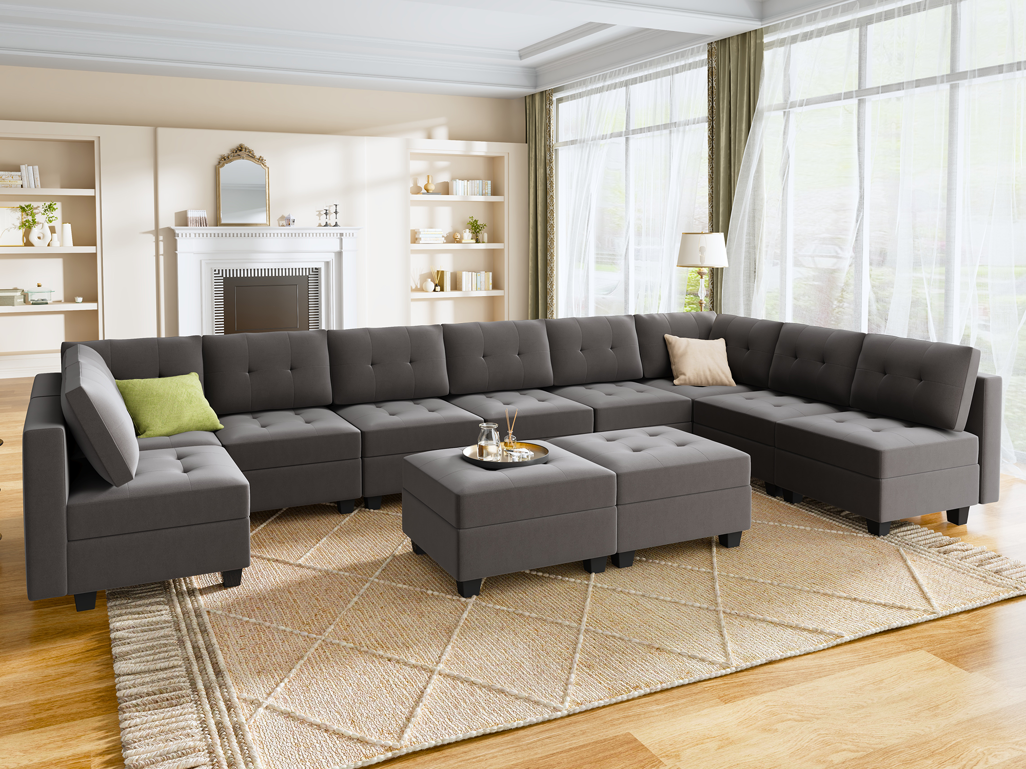 HONBAY Velvet Tufted 11-Seat Modular Storage Sofa with Storage Ottoman
