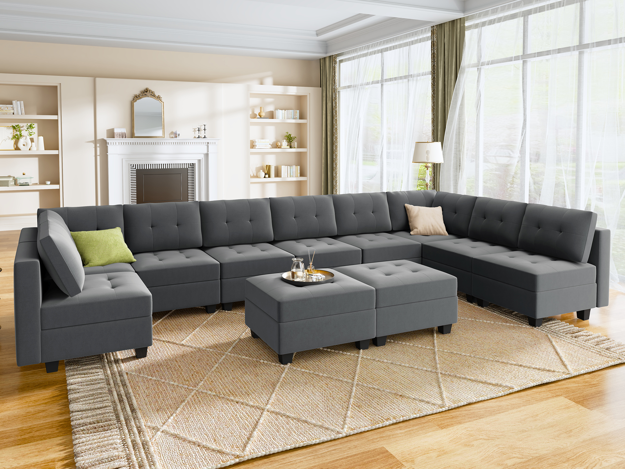 HONBAY Velvet Tufted 11-Seat Modular Storage Sofa with Storage Ottoman