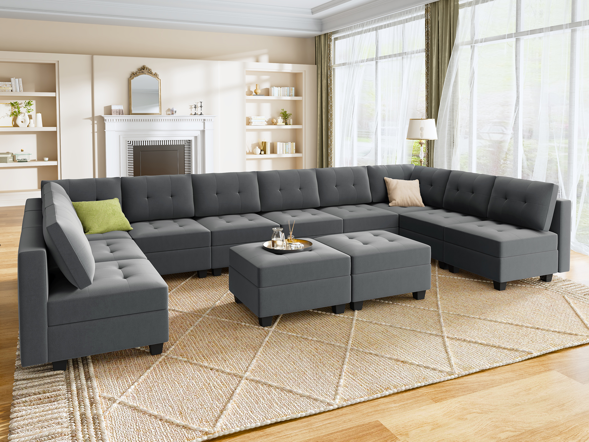 HONBAY Velvet Tufted 12-Seat Modular Storage Sofa with Storage Ottoman