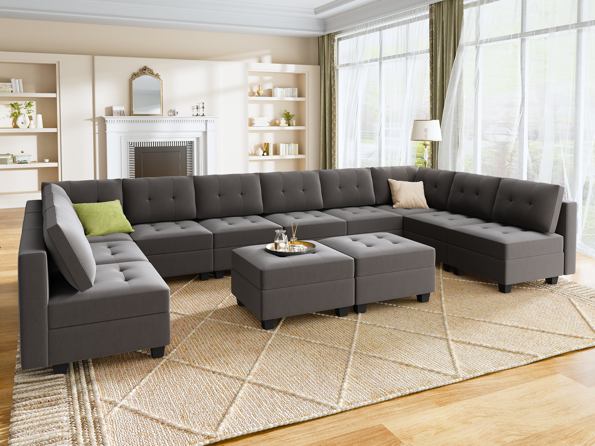 HONBAY Velvet Tufted 12-Seat Modular Storage Sofa with Storage Ottoman
