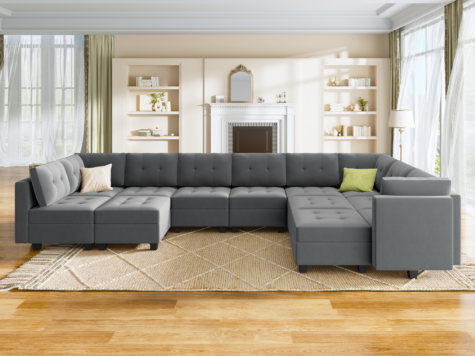 HONBAY Velvet Tufted 12-Seat Modular Storage Sofa with Storage Ottoman