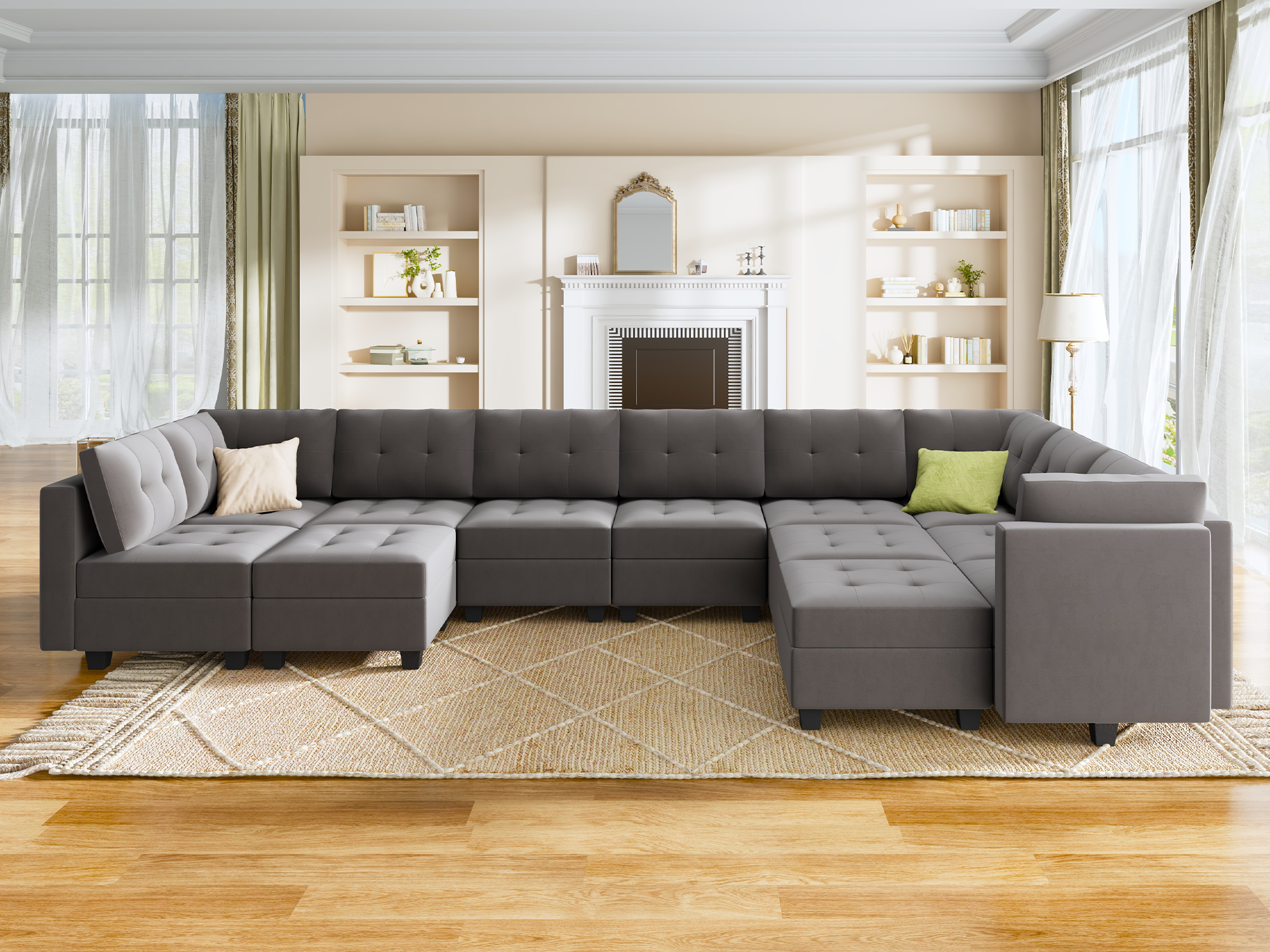 HONBAY Velvet Tufted 12-Seat Modular Storage Sofa with Storage Ottoman
