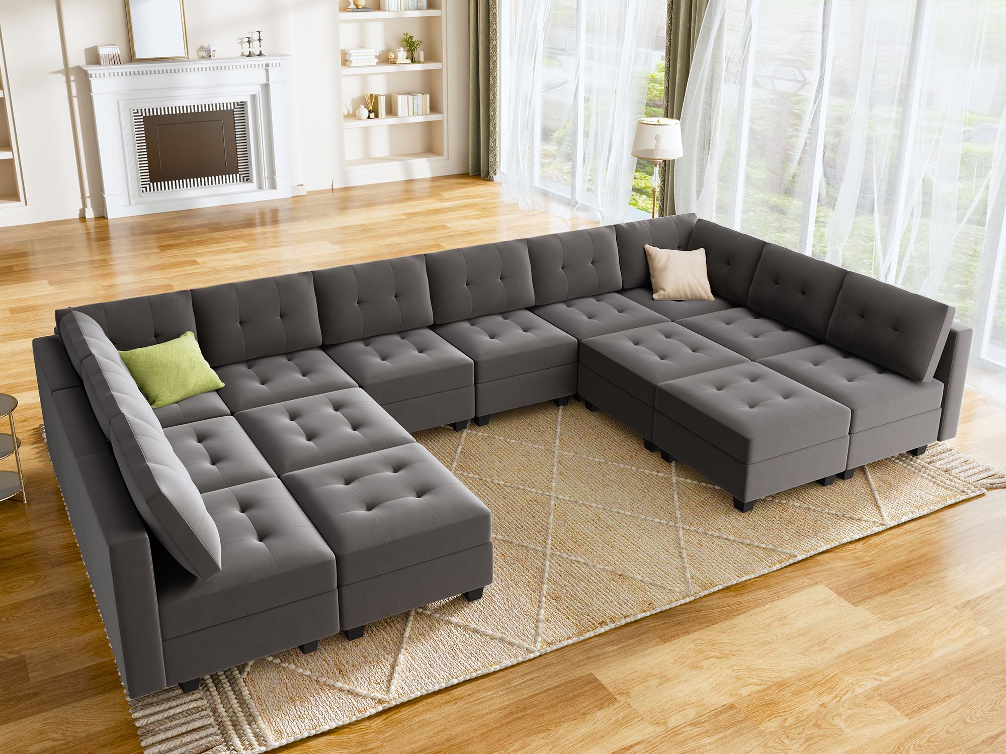 HONBAY Velvet Tufted U-Shaped Modular Sofa with Storage & Reversible Chaise