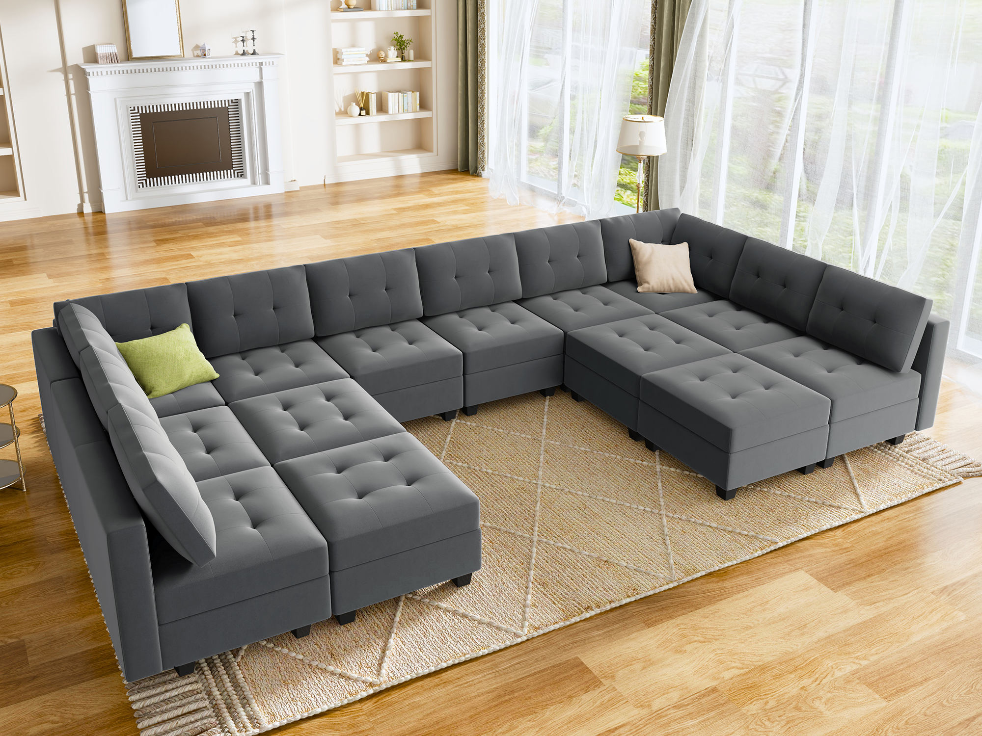 HONBAY Velvet Tufted U-Shaped Modular Sofa with Storage & Reversible Chaise