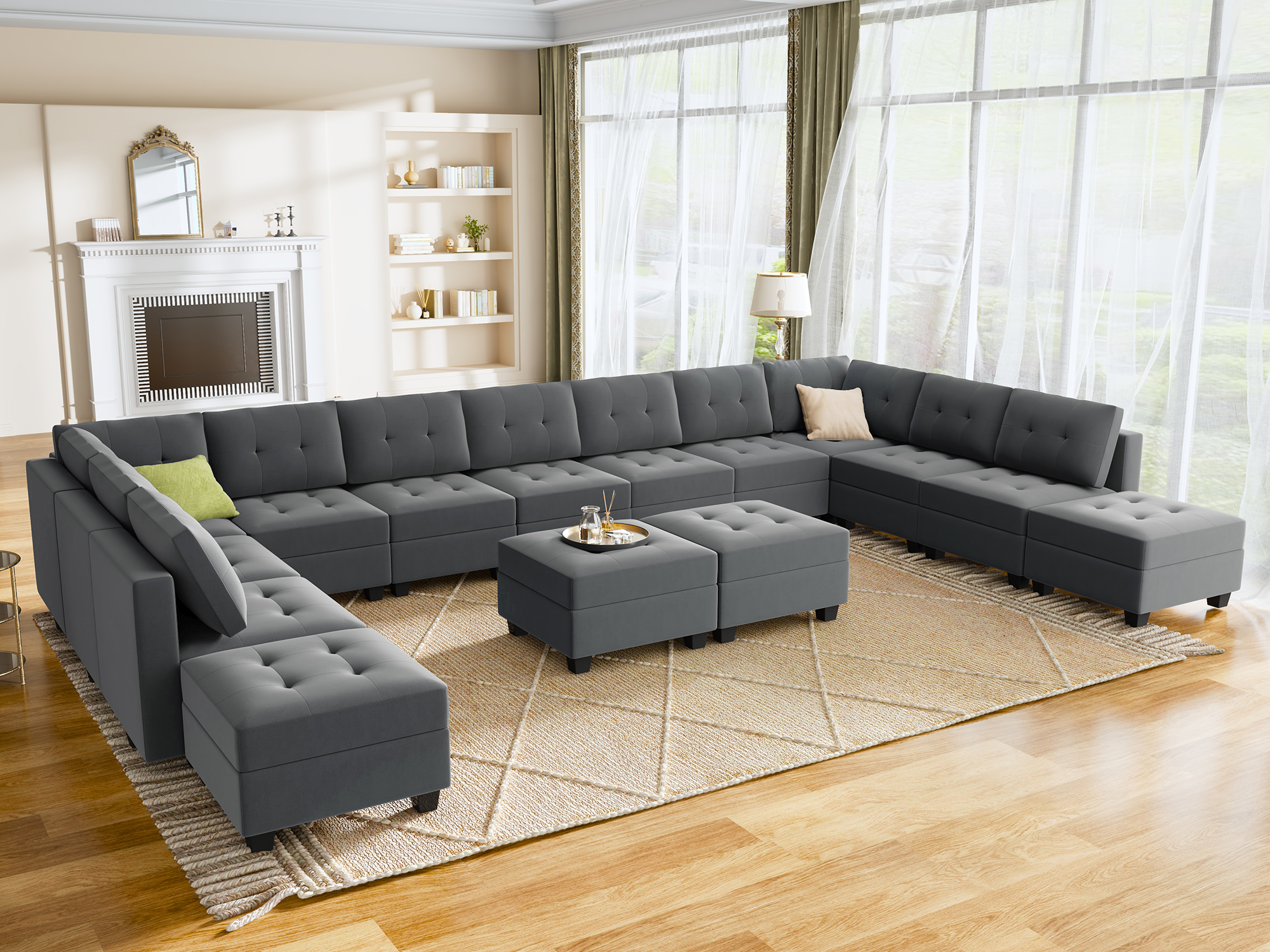 HONBAY Velvet Tufted 13-Seat Modular Storage Sofa & 2 Convertible Chaises