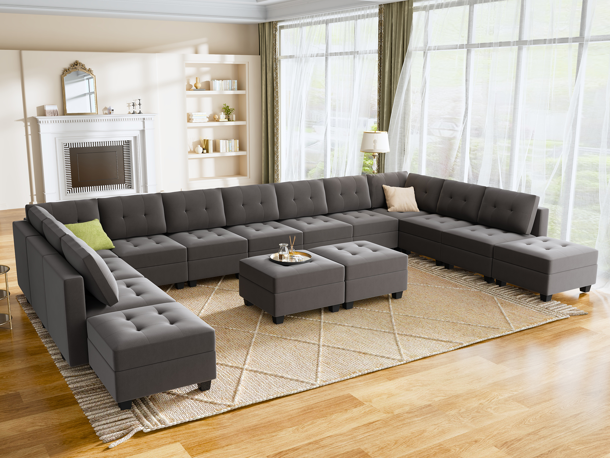HONBAY Velvet Tufted 13-Seat Modular Storage Sofa & 2 Convertible Chaises