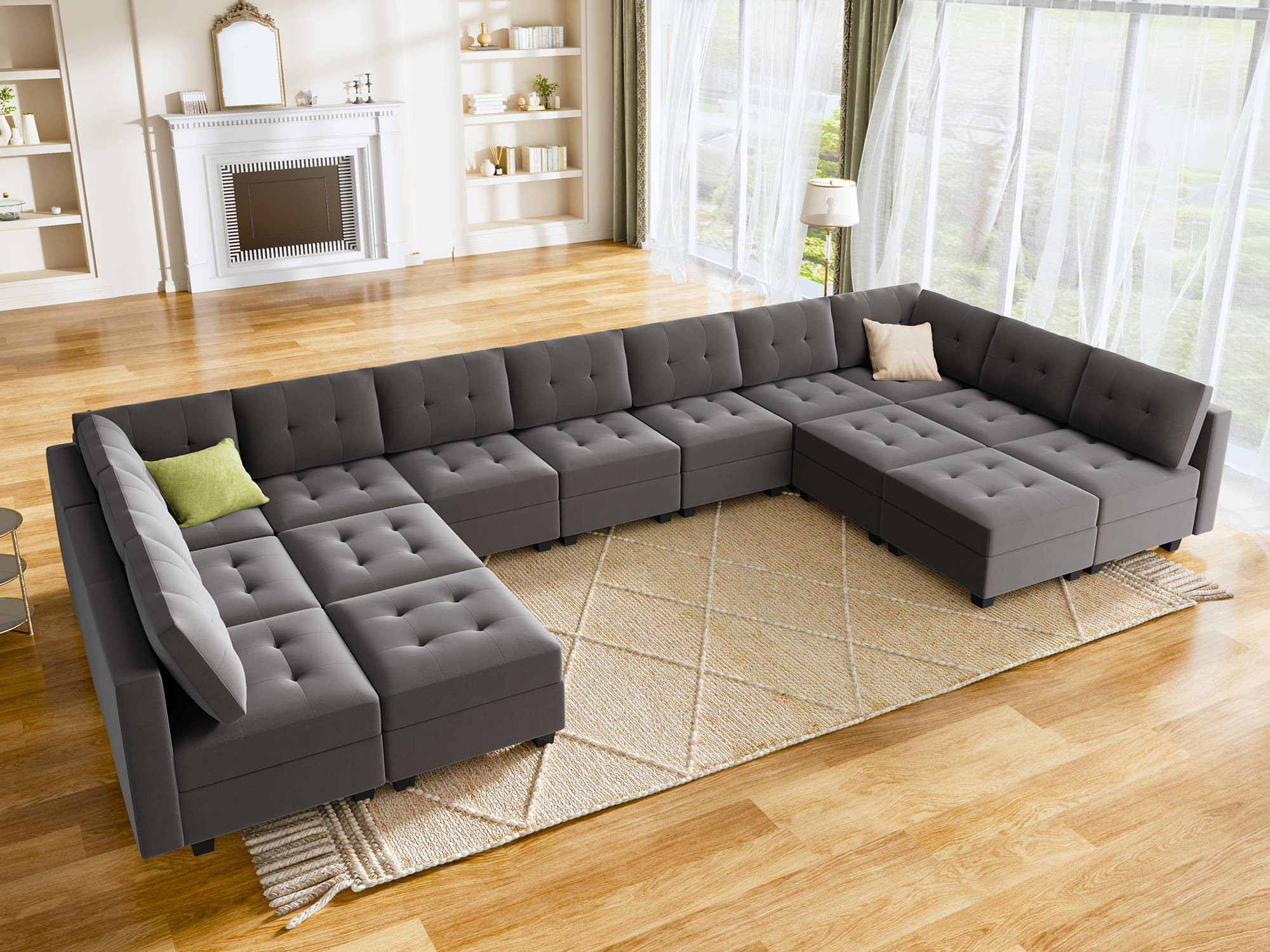 HONBAY Velvet Tufted 13-Seat Modular Storage Sofa & 2 Convertible Chaises