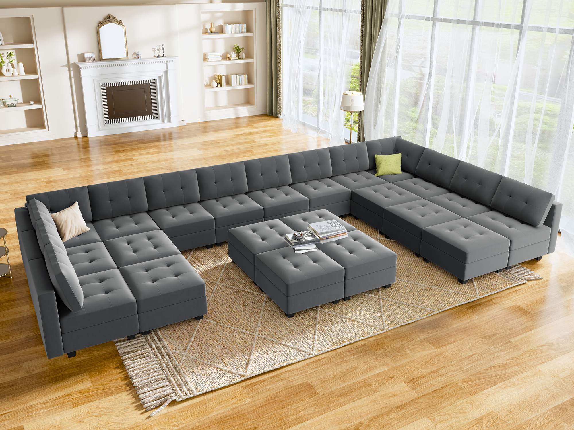 HONBAY Velvet Tufted 15-Seat Modular Sofa with Storage & Convertible Ottoman
