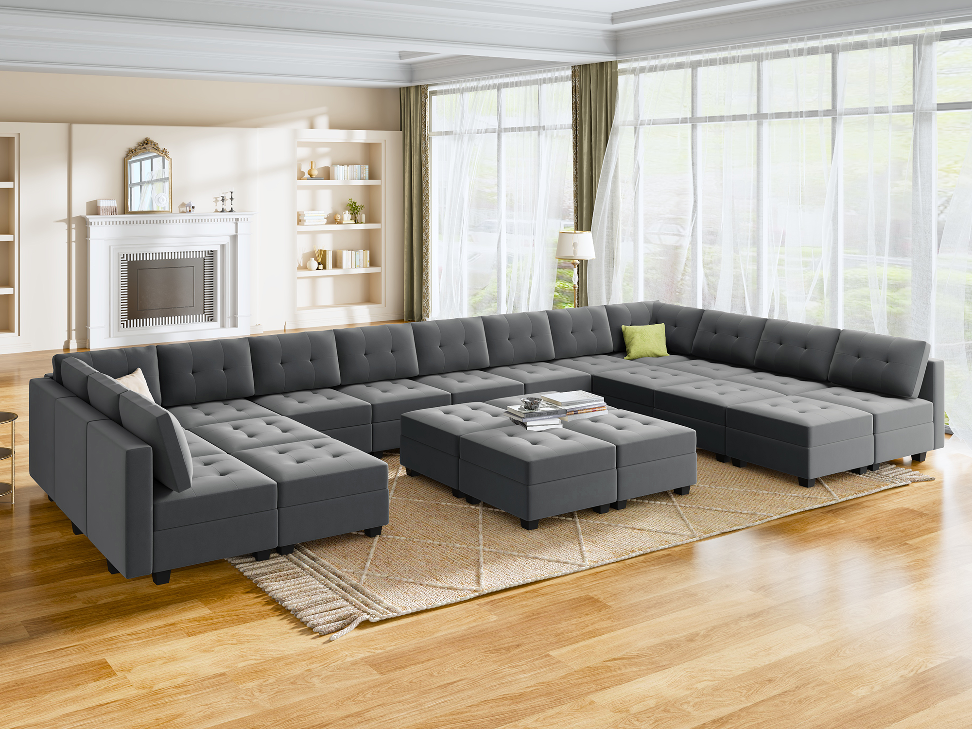 HONBAY Velvet Tufted 15-Seat Modular Sofa with Storage & Convertible Ottoman
