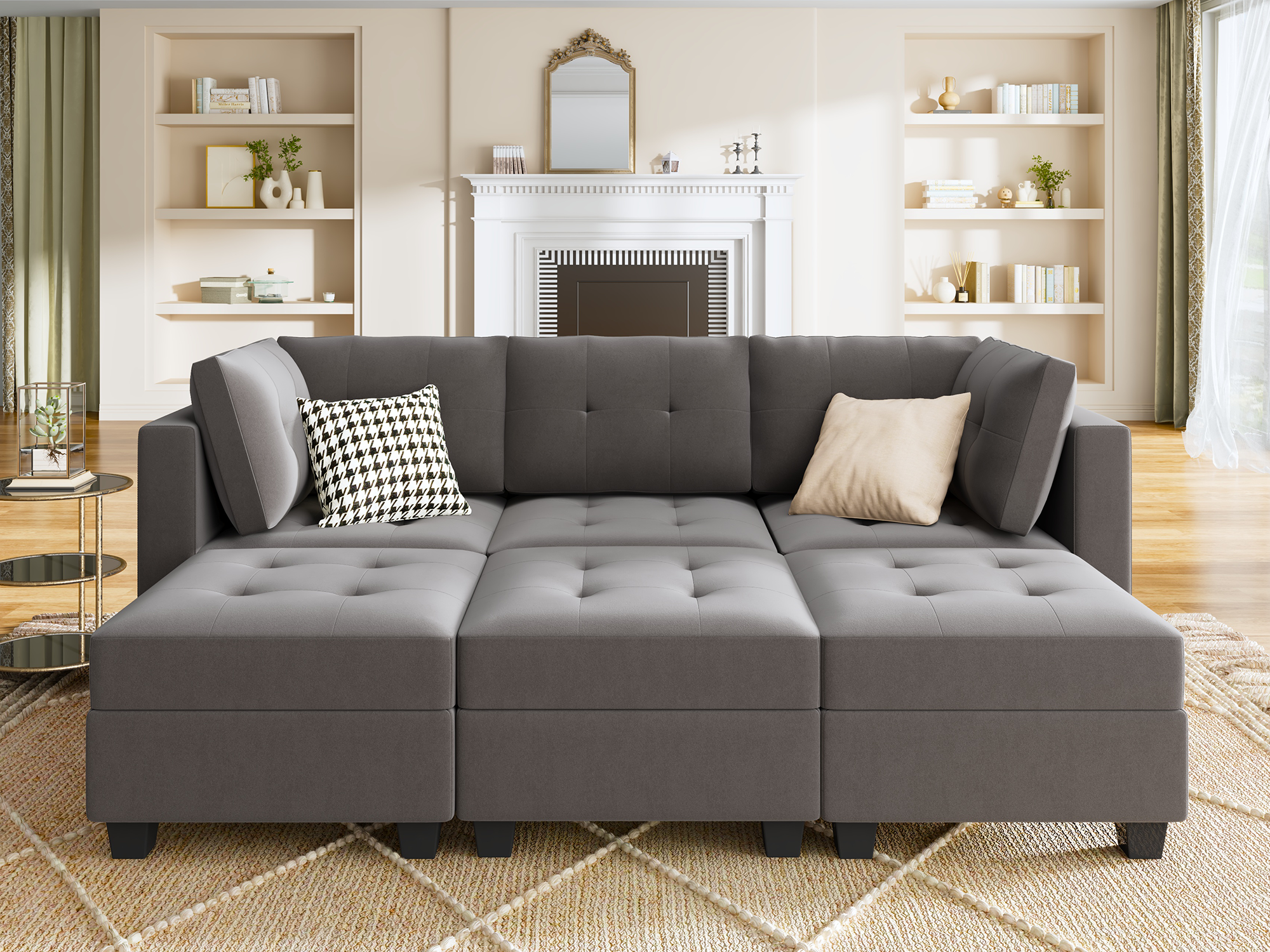 HONBAY Velvet Tufted 3-Seat Modular Sofa with Storage & Convertible Sofa Bed
