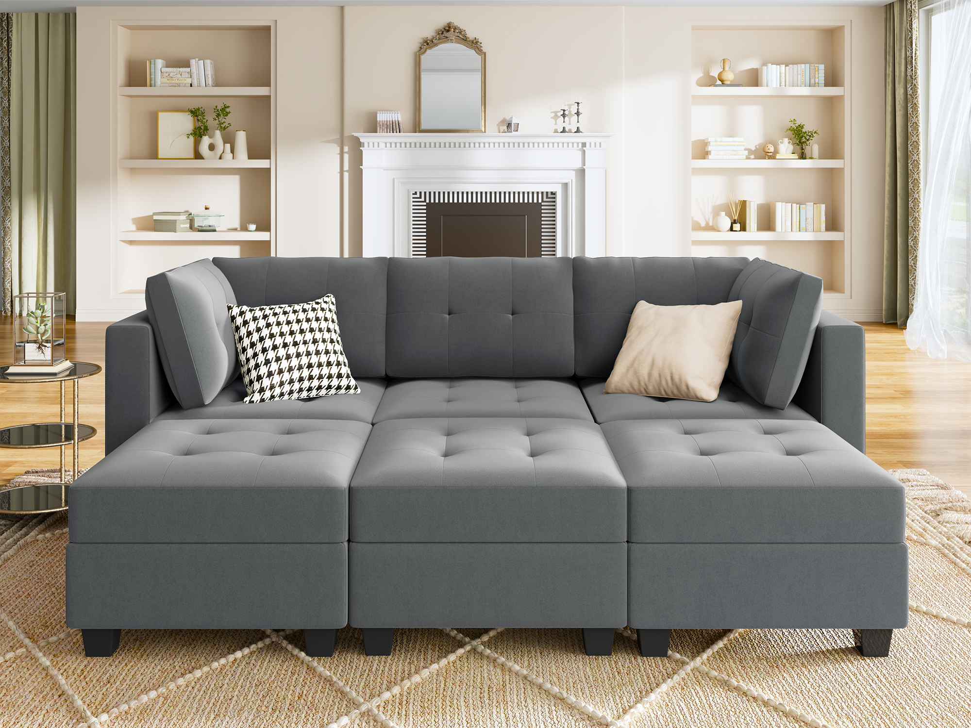 HONBAY Velvet Tufted 3-Seat Modular Sofa with Storage & Convertible Sofa Bed