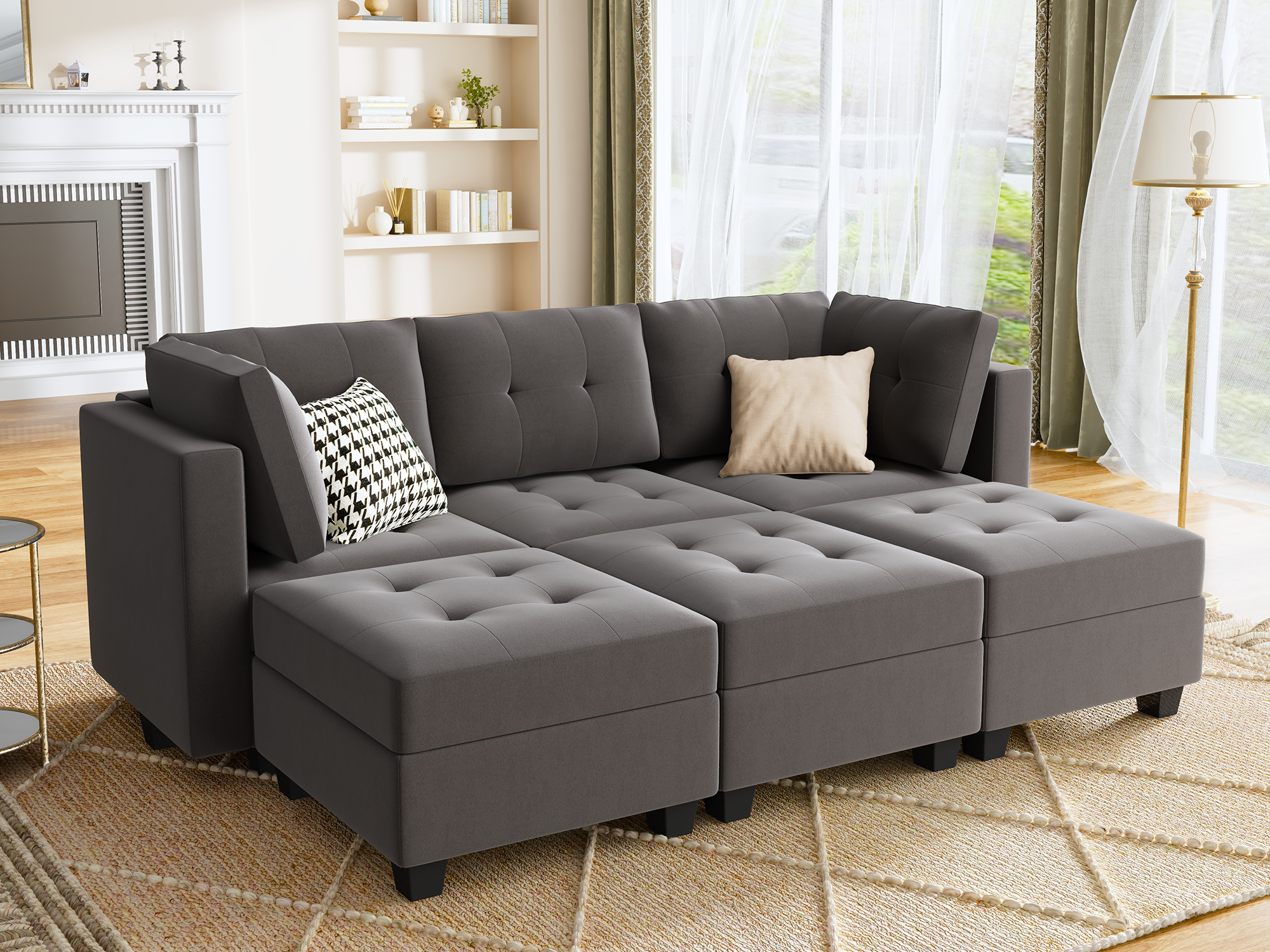 HONBAY Velvet Tufted 3-Seat Modular Sofa with Storage & Convertible Sofa Bed