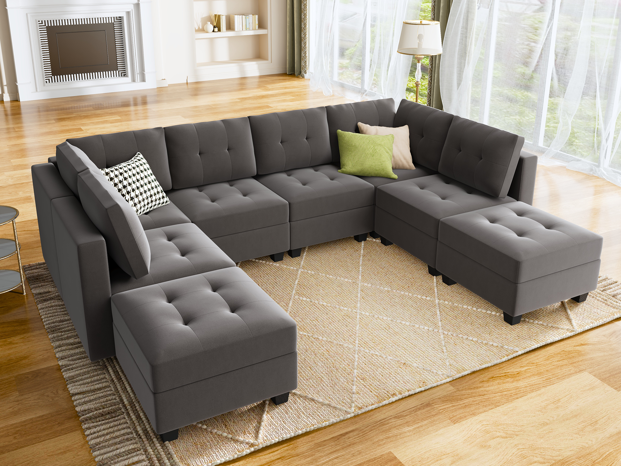 HONBAY Velvet Tufted 6-Seat U-Shaped Reversible Modular Sofa with Storage Ottoman
