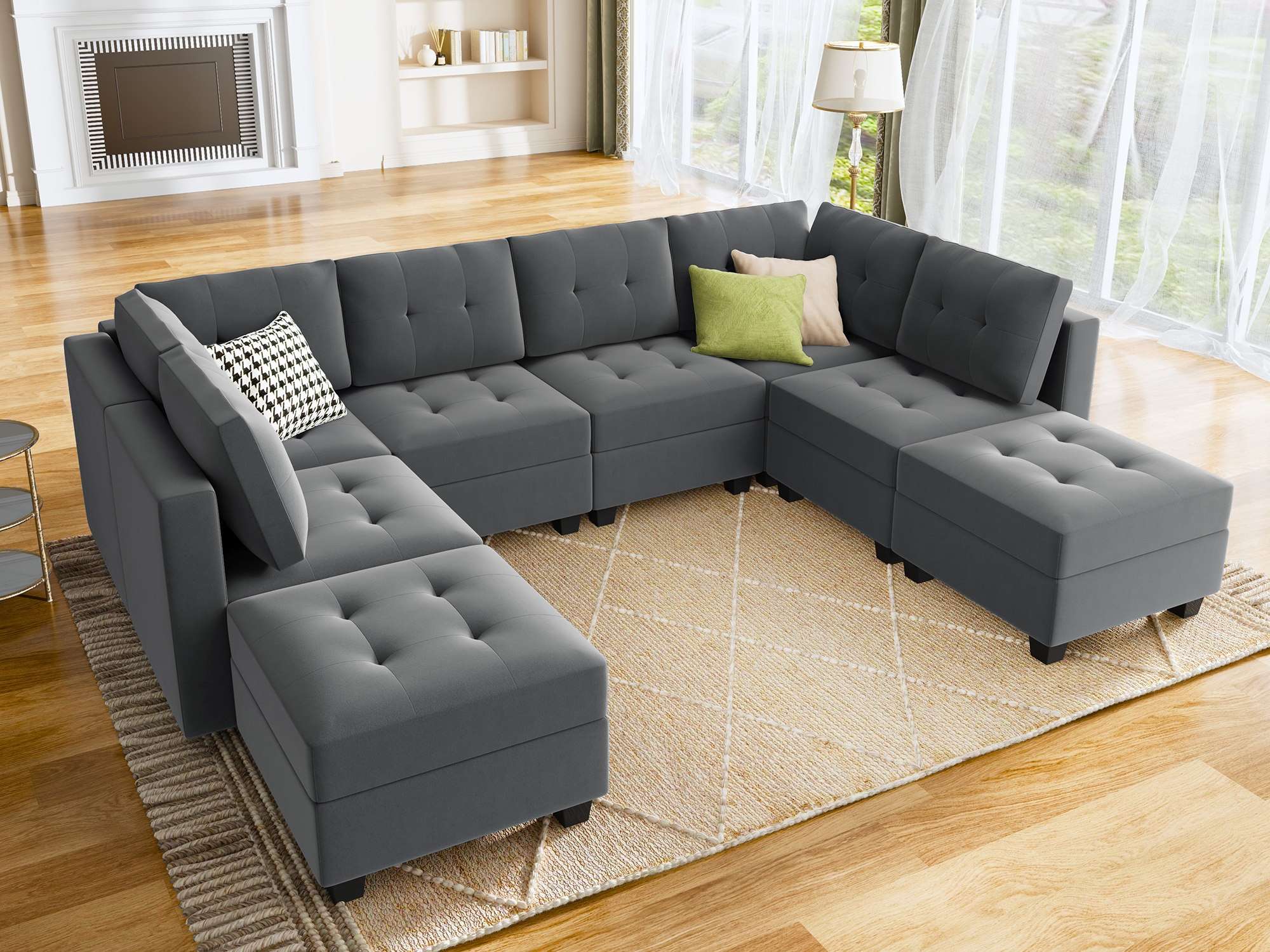HONBAY Velvet Tufted 6-Seat U-Shaped Reversible Modular Sofa with Storage Ottoman