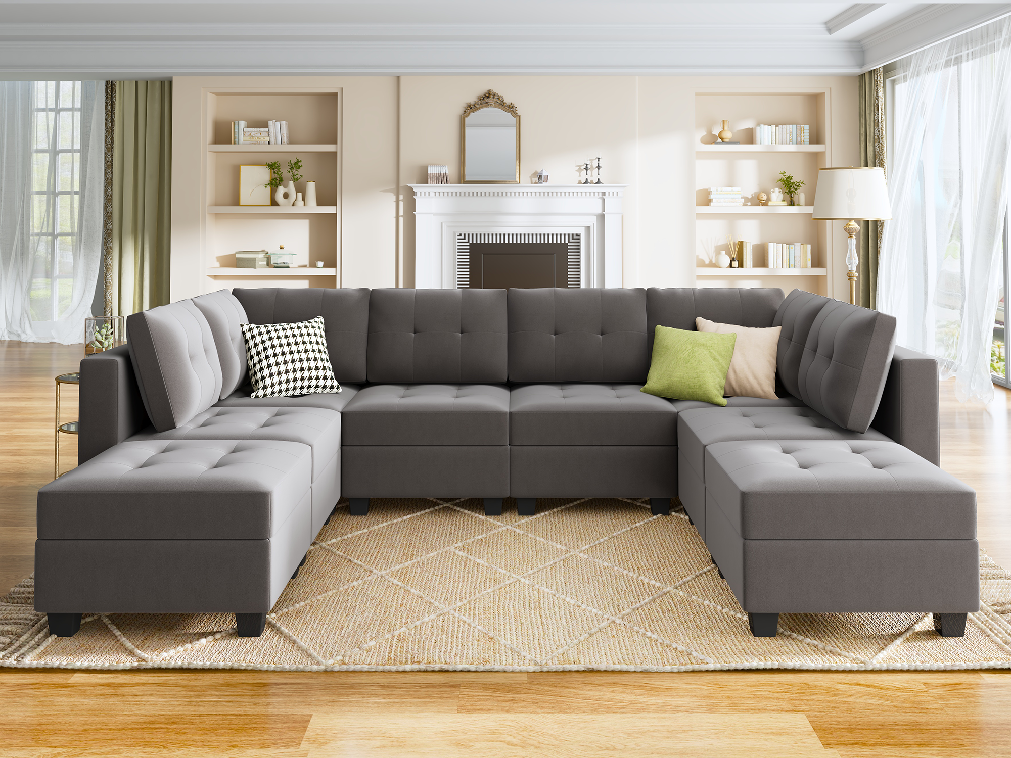 HONBAY Velvet Tufted 6-Seat U-Shaped Reversible Modular Sofa with Storage Ottoman