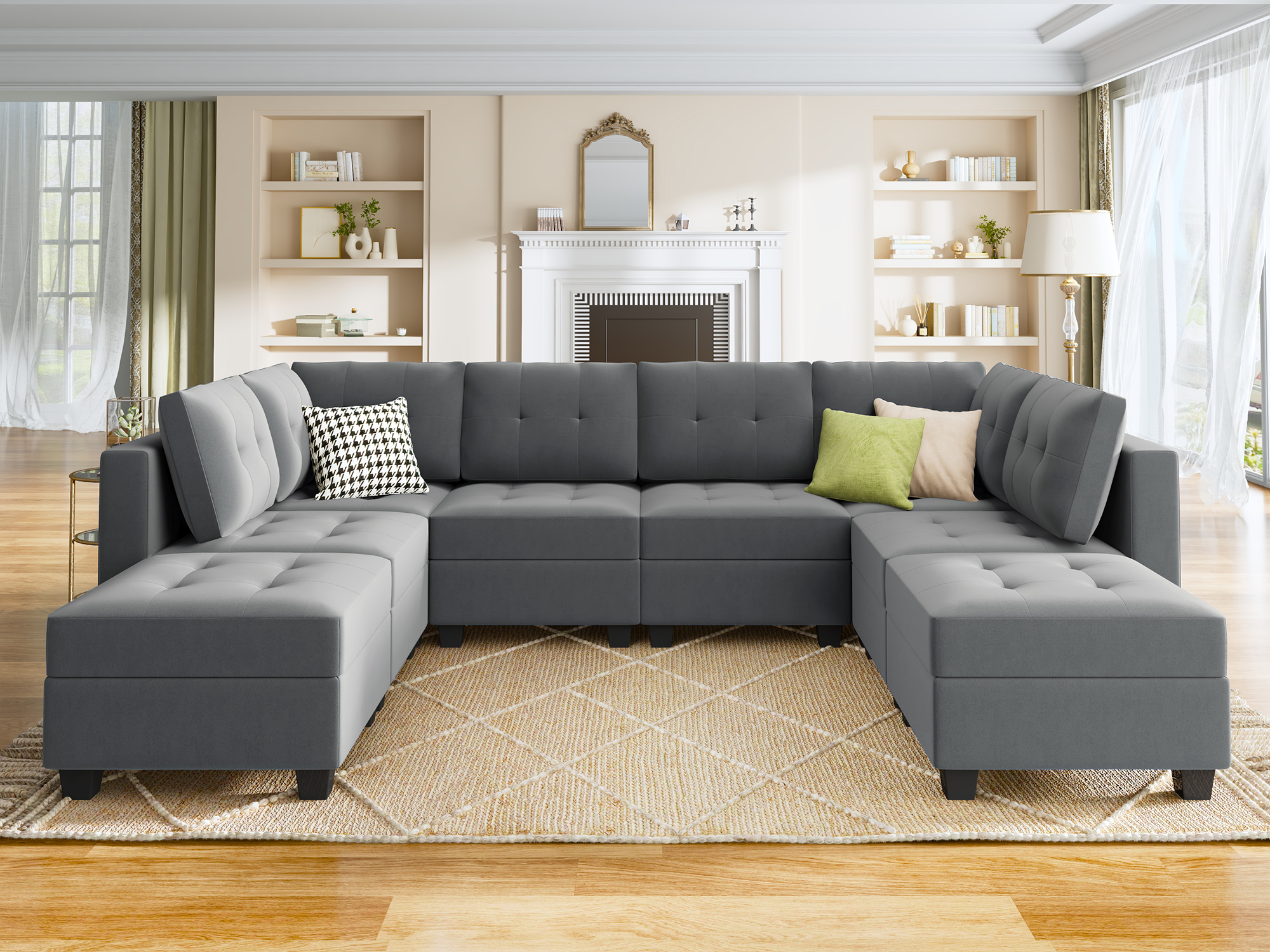 HONBAY Velvet Tufted 6-Seat U-Shaped Reversible Modular Sofa with Storage Ottoman